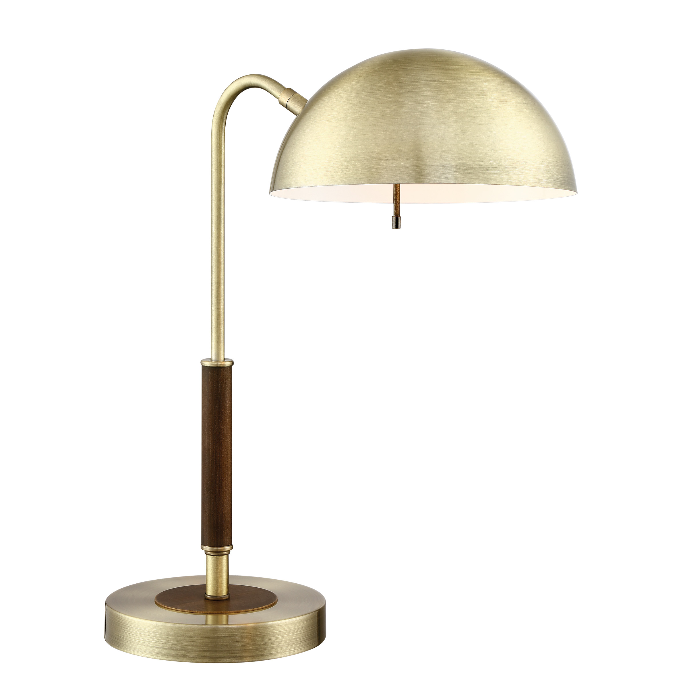 brass metal table lamp with walnut accents