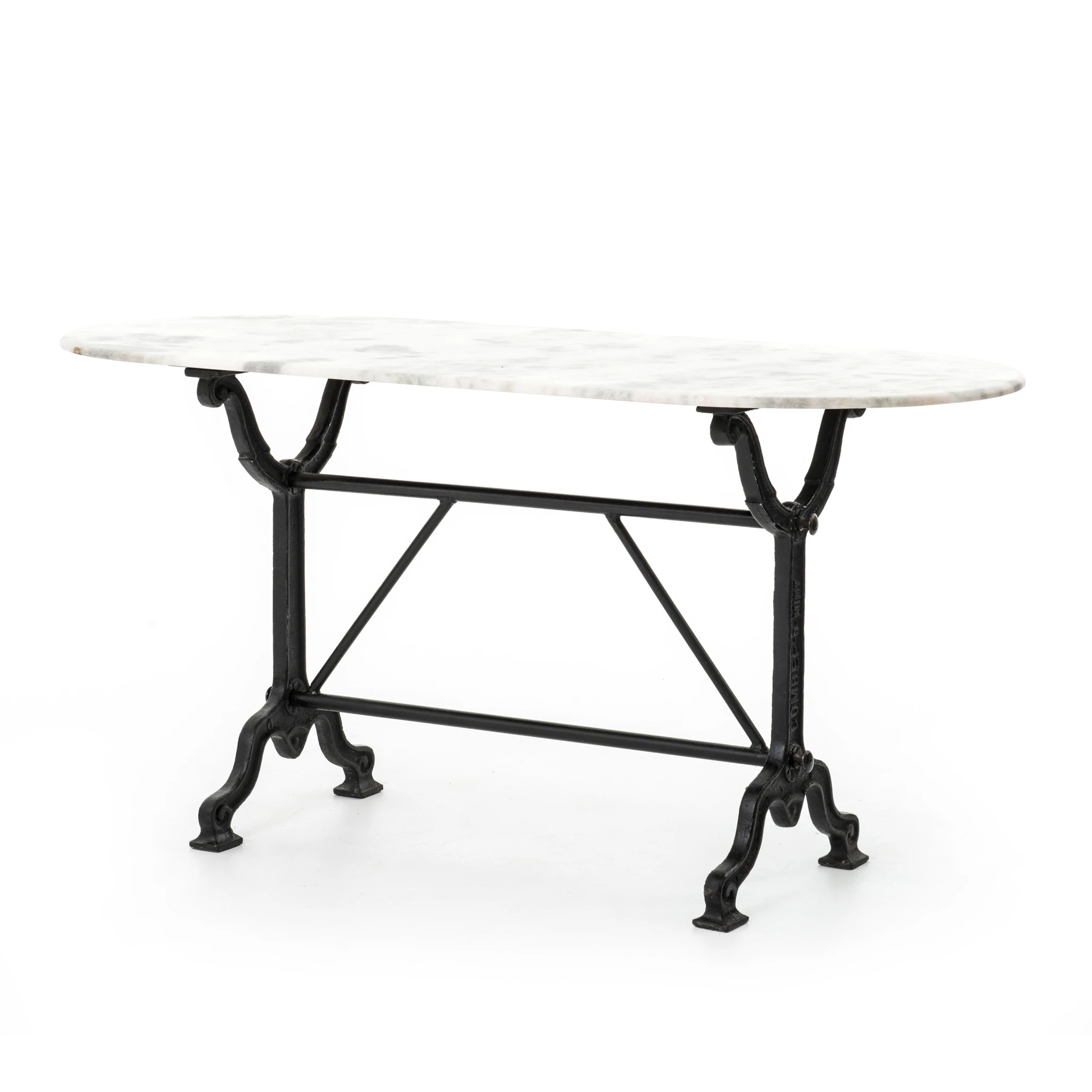 black traditional metal based table with white marble oval top