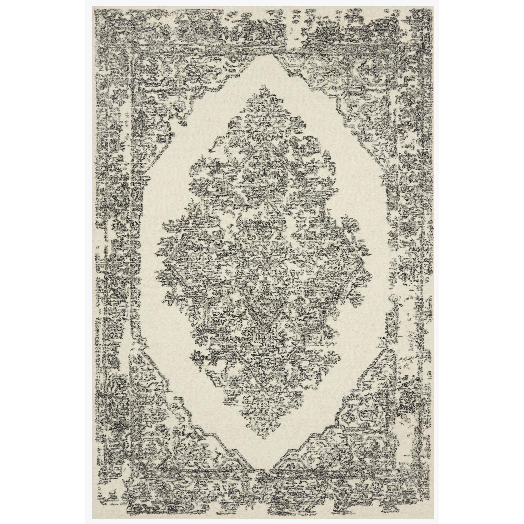 cream area rug with black traditional patterns and detail