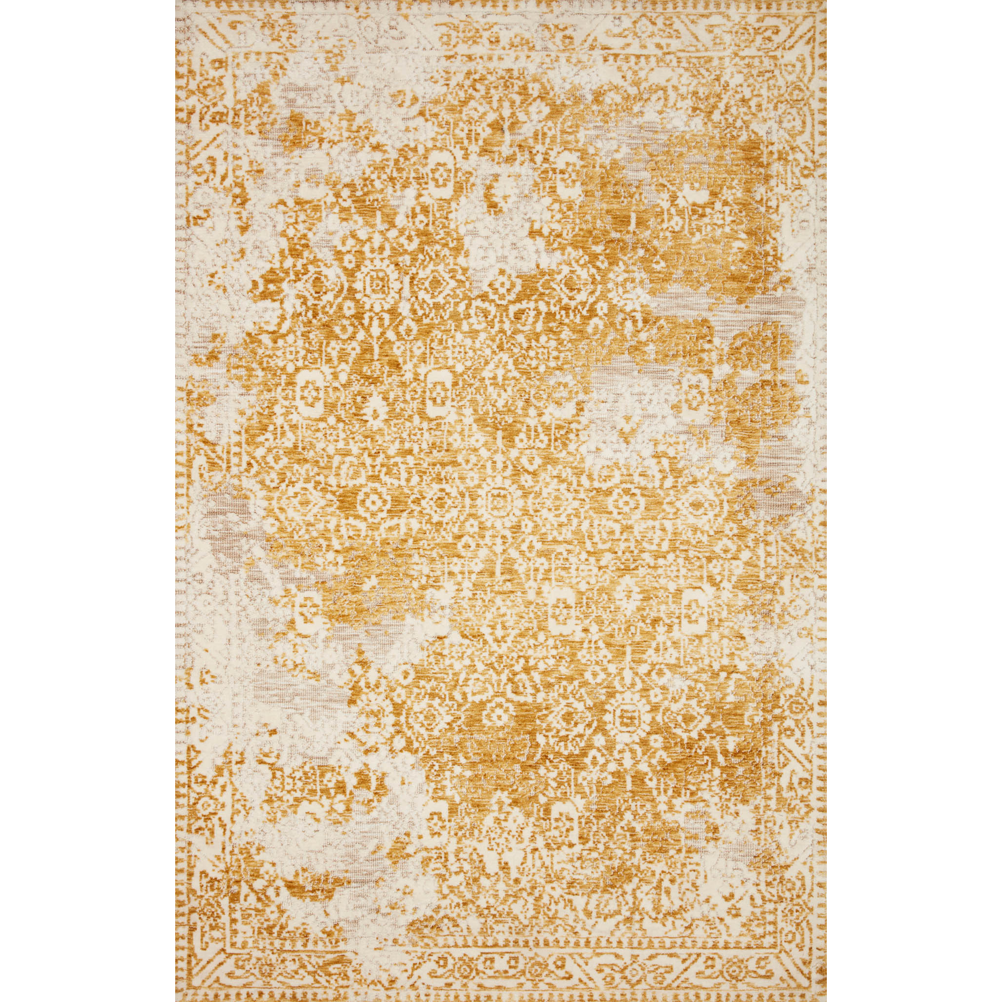 golden yellow distressed area rug with floral detail