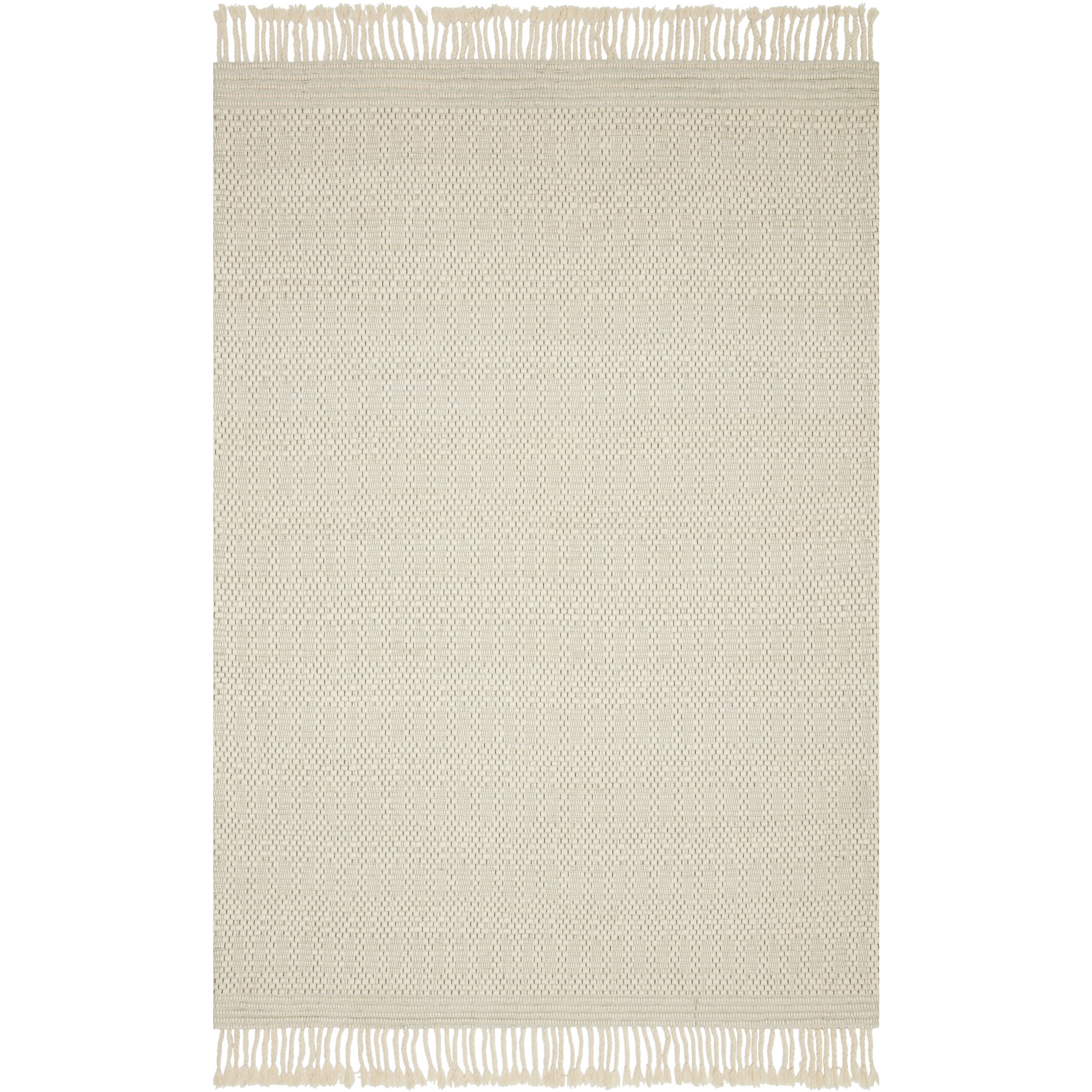 modern textured beige area rug with tassel fringe