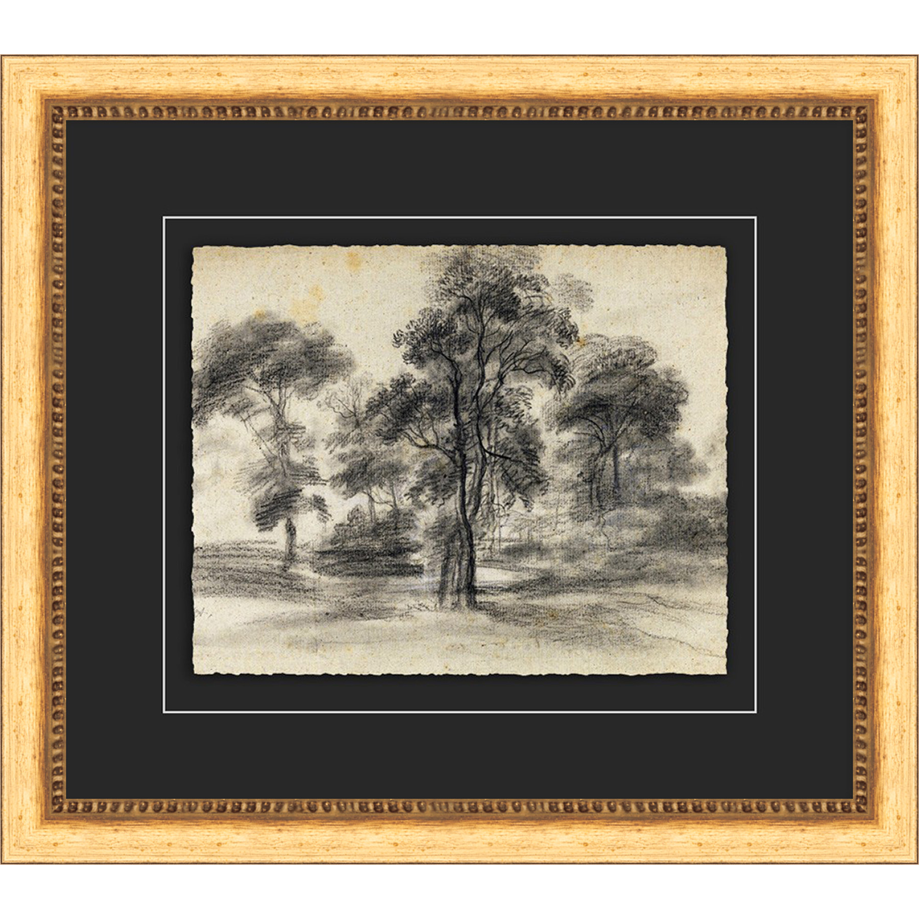 framed wall art sketch of trees in wooden frame with black mat