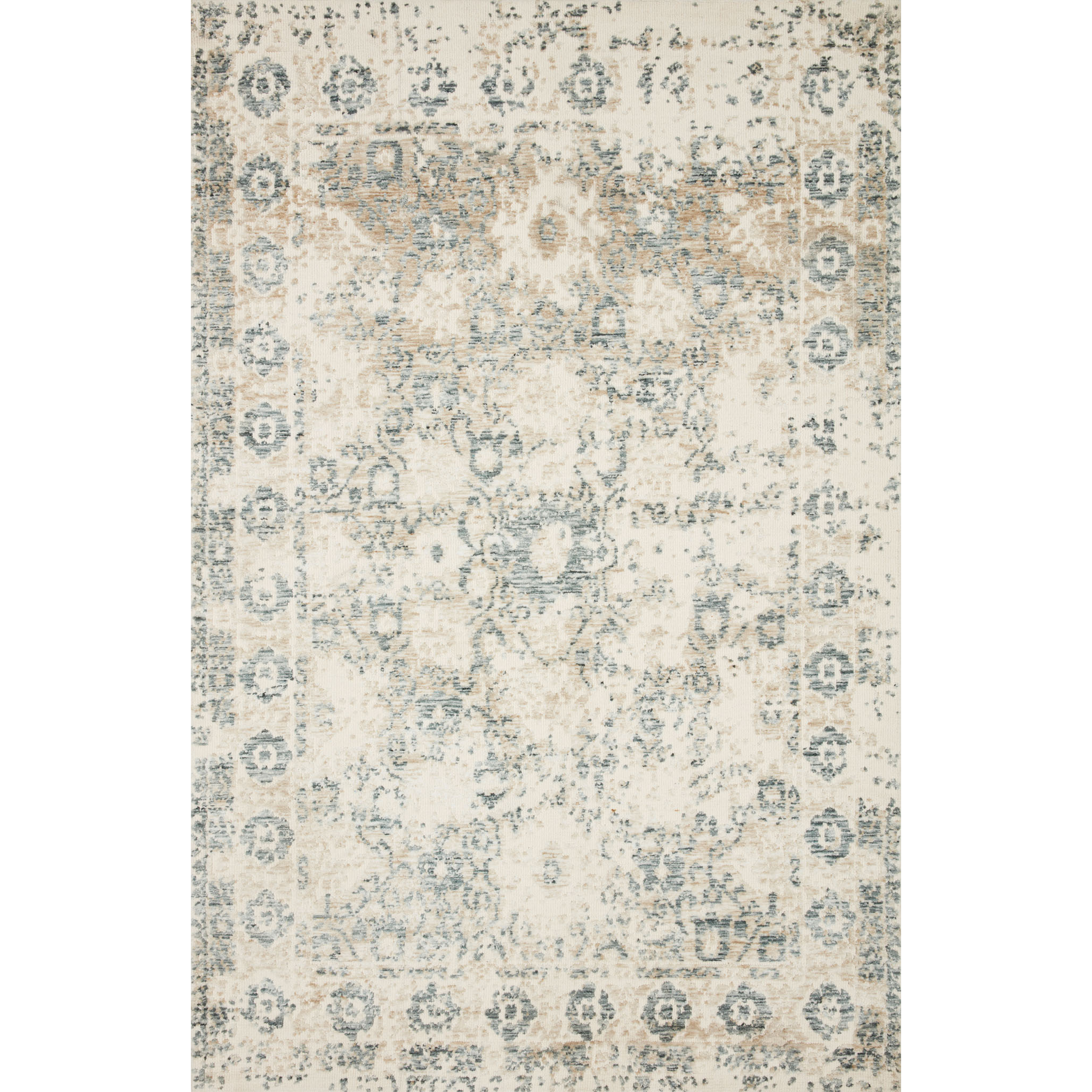 cream, tan, and blue distressed area rug