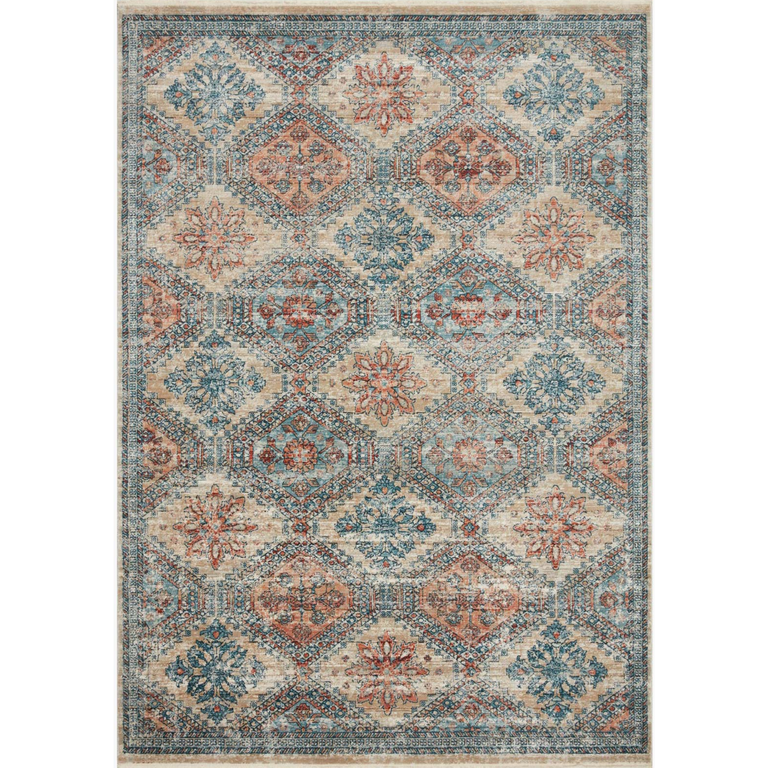 blue, orange, and tan diamond patterned rug with floral detail