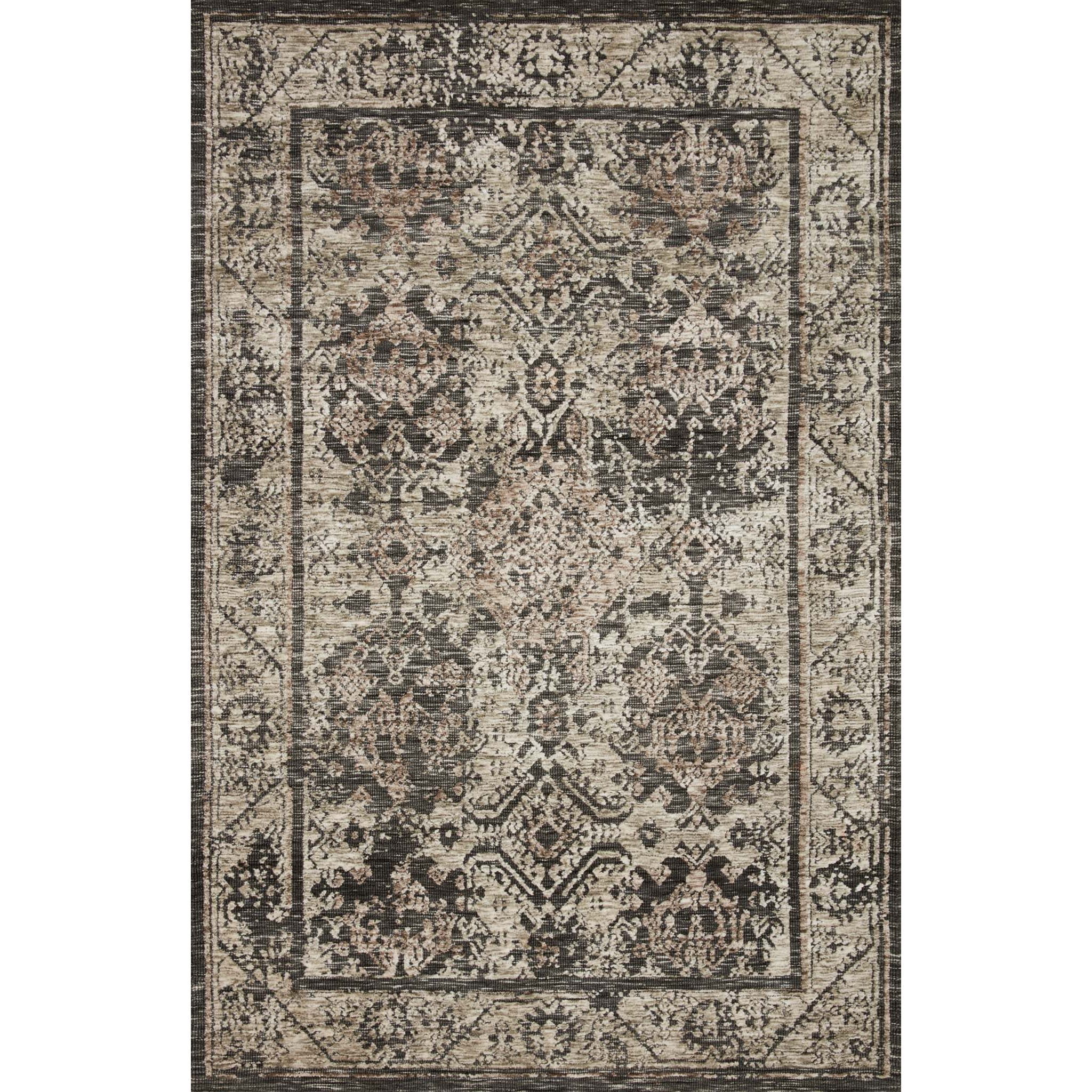 black and charcoal distressed rug with traditional detail