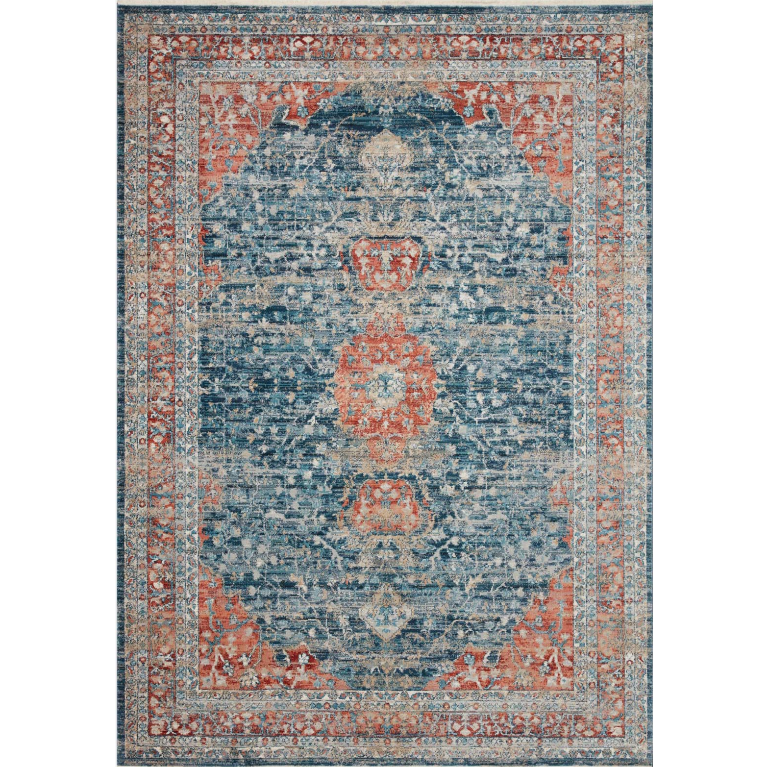 navy and red traditional area rug with floral detail