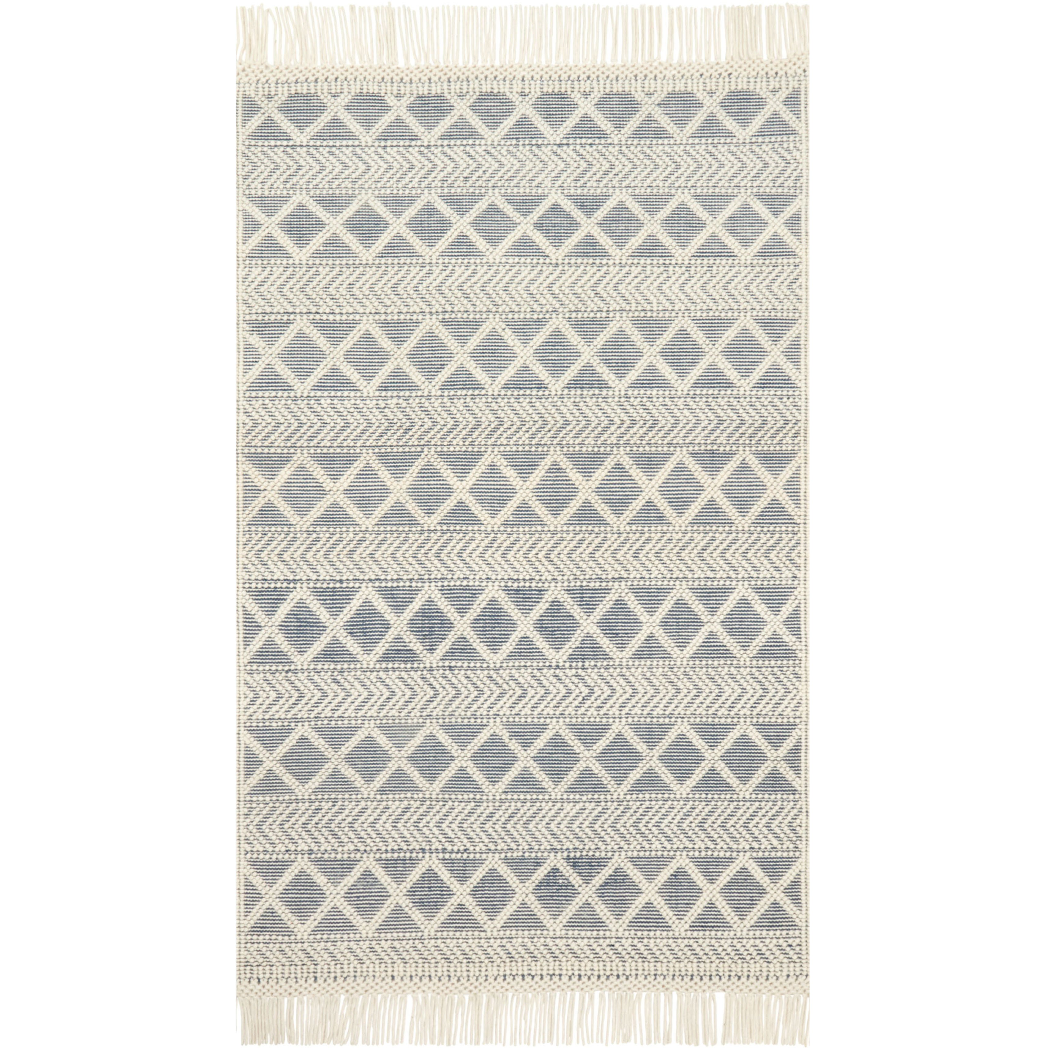 modern navy and ivory rug with white tassels