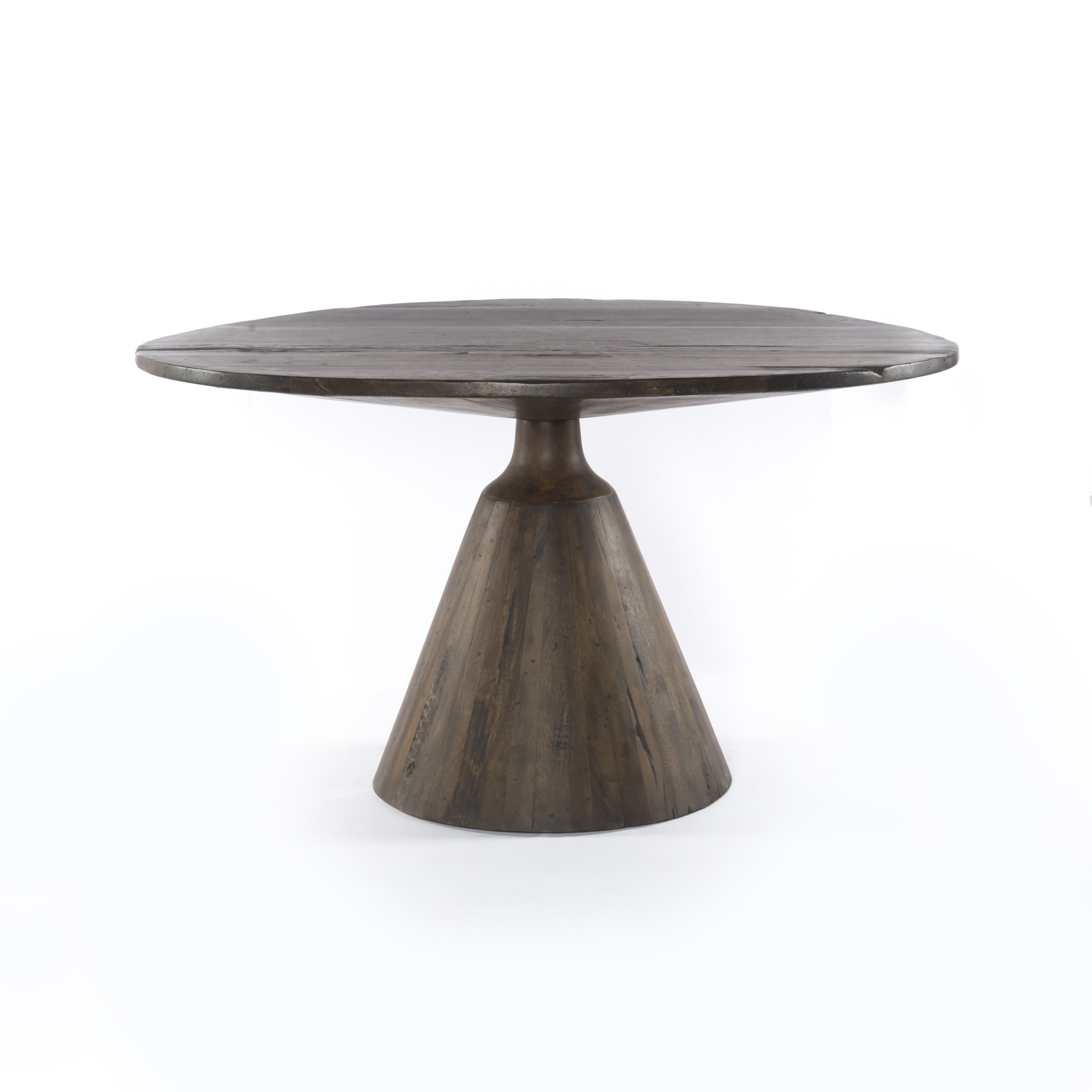 modern reclaimed wood dining table with conical pedestal base