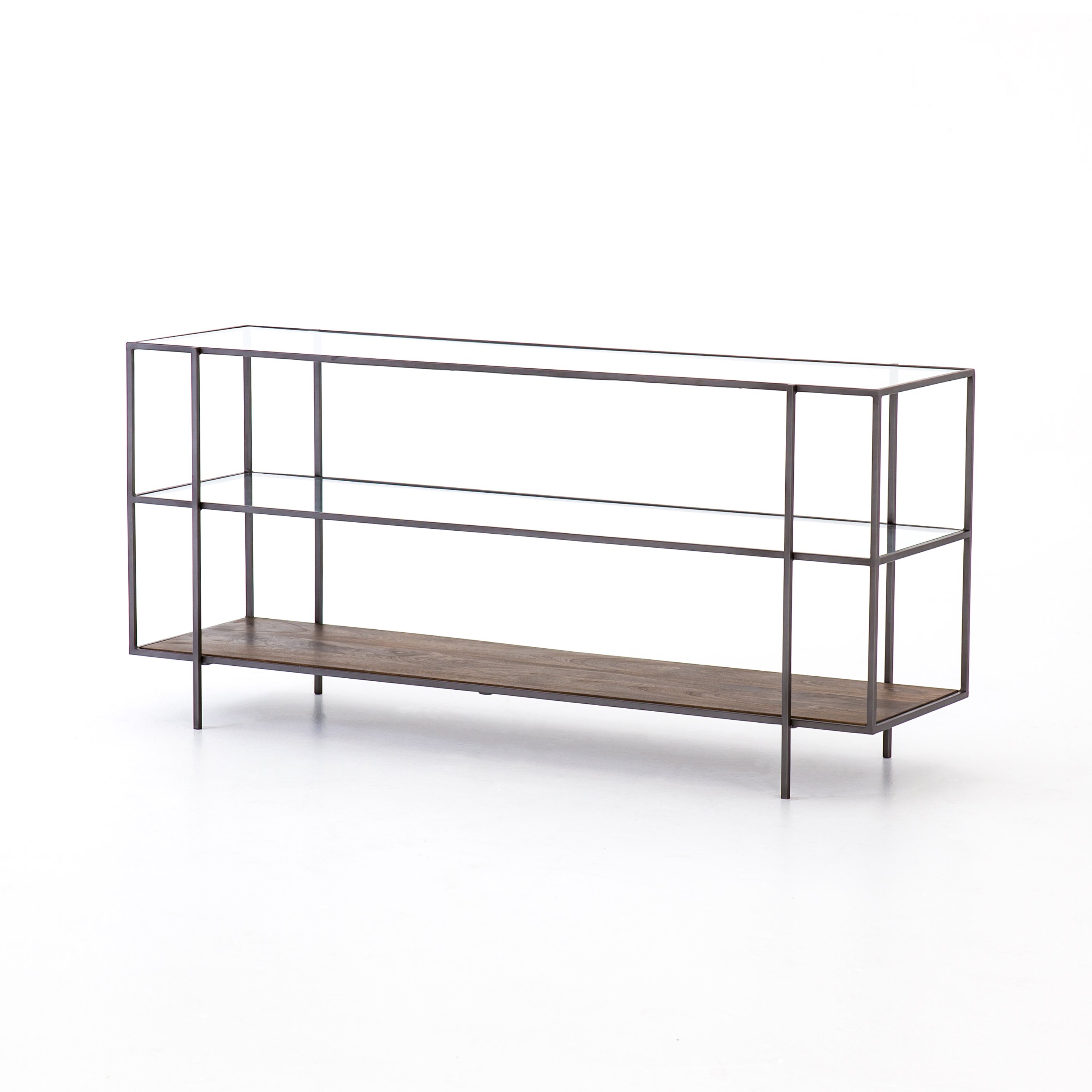 modern industrial metal console with glass top, middle shelf, and wooden bottom shelf $999.00