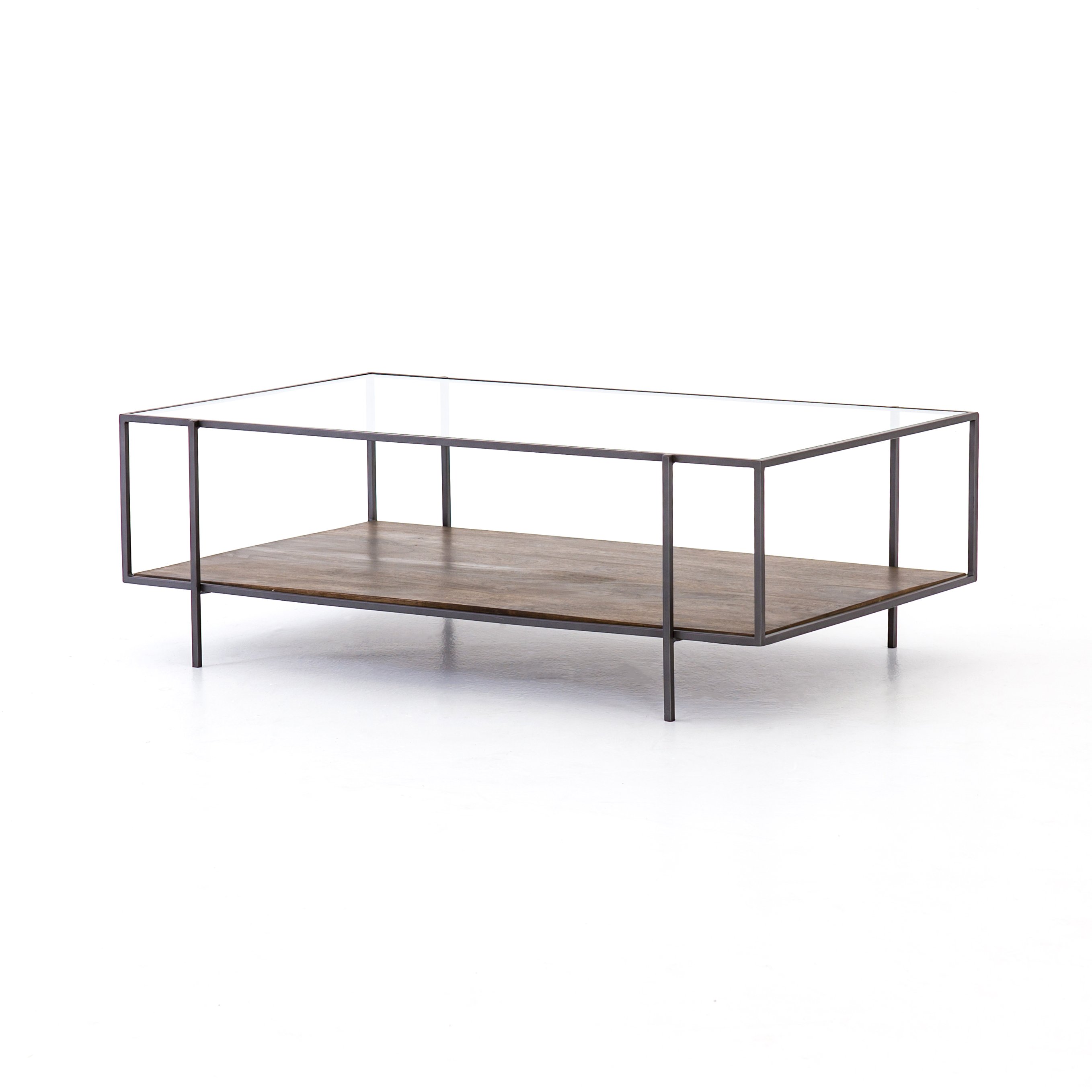 modern black metal coffee table with glass top and wooden lower shelf $849.00