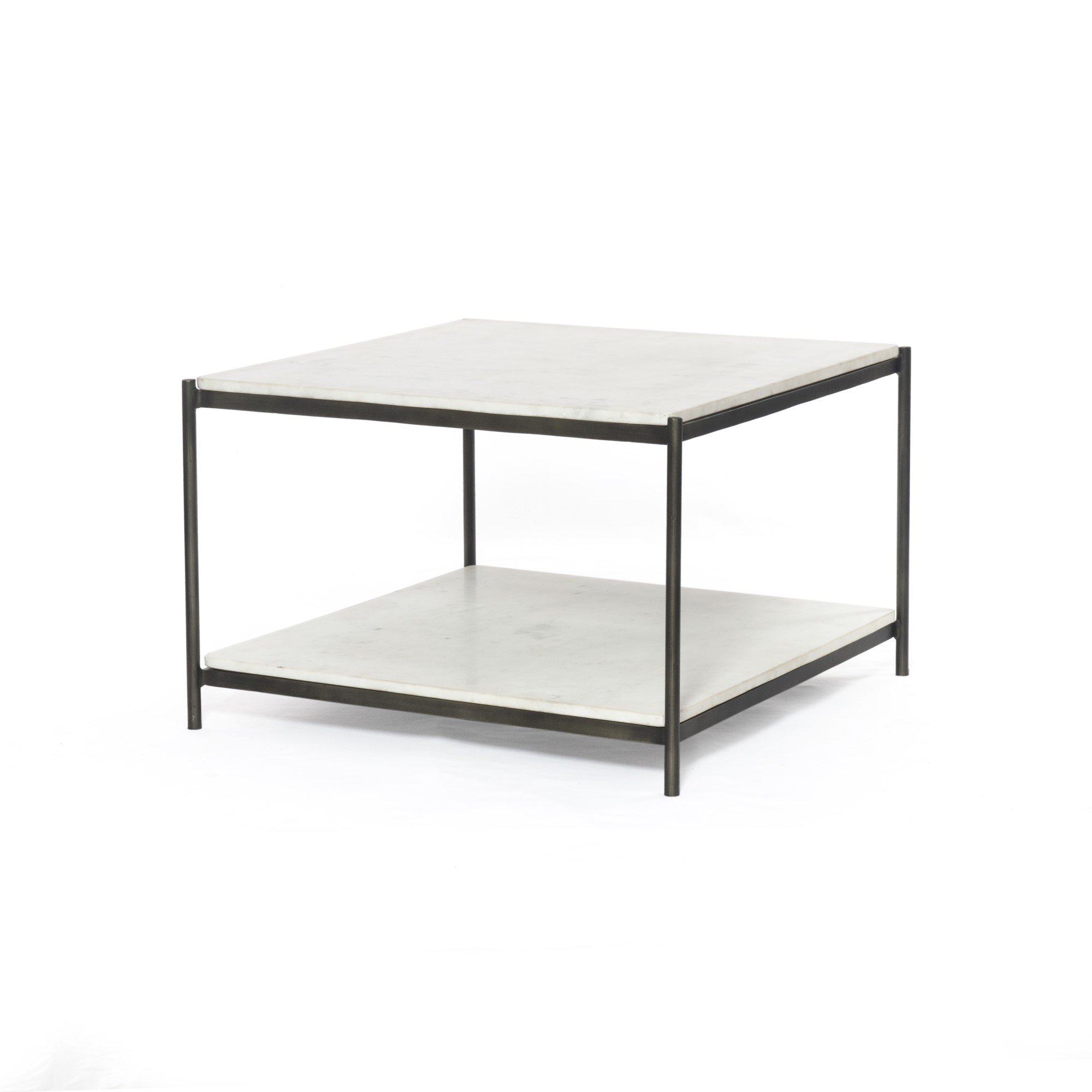 square hammered metal coffee table with marble top and lower shelf