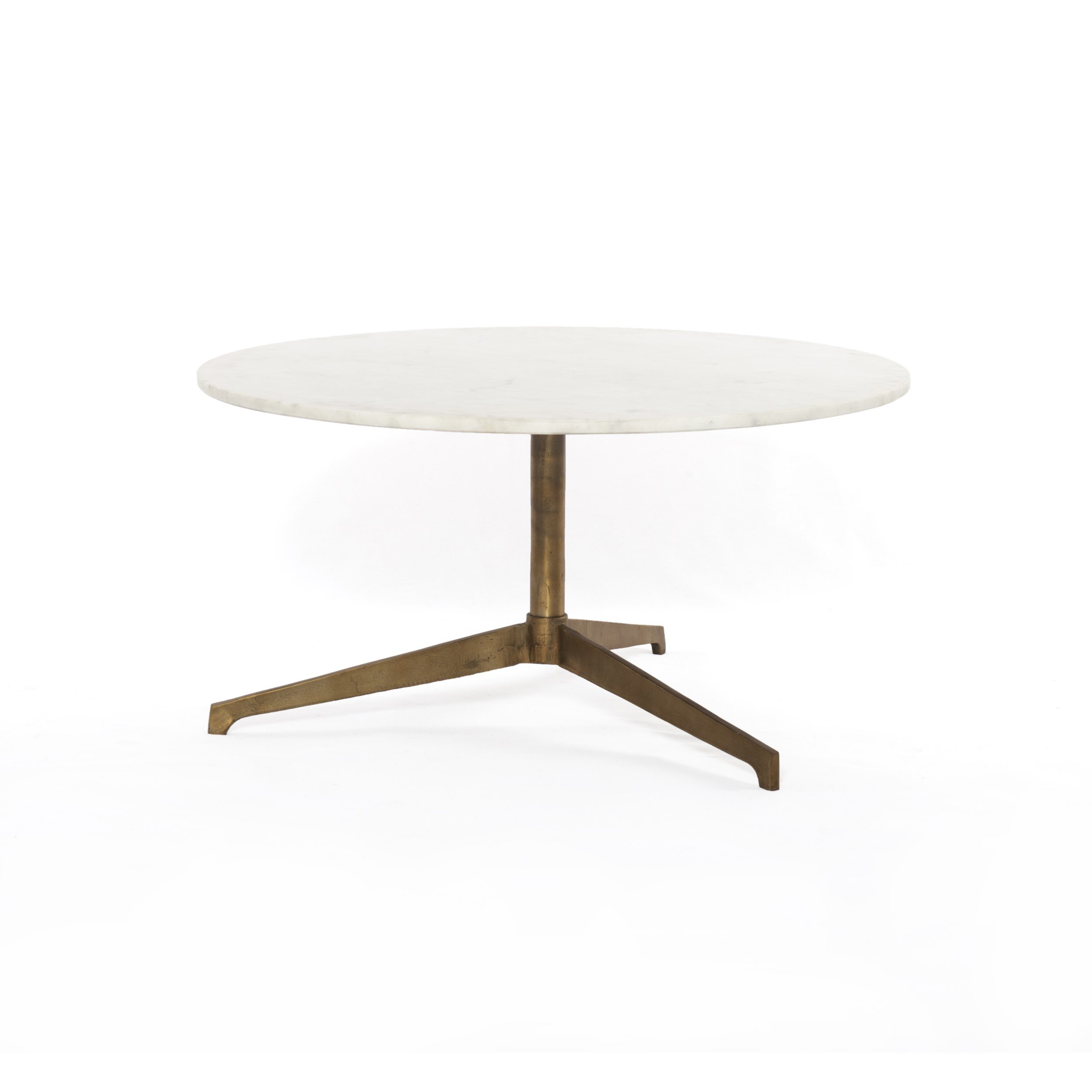 modern pedestal coffee table with antique brass base and white marble round top $699.00