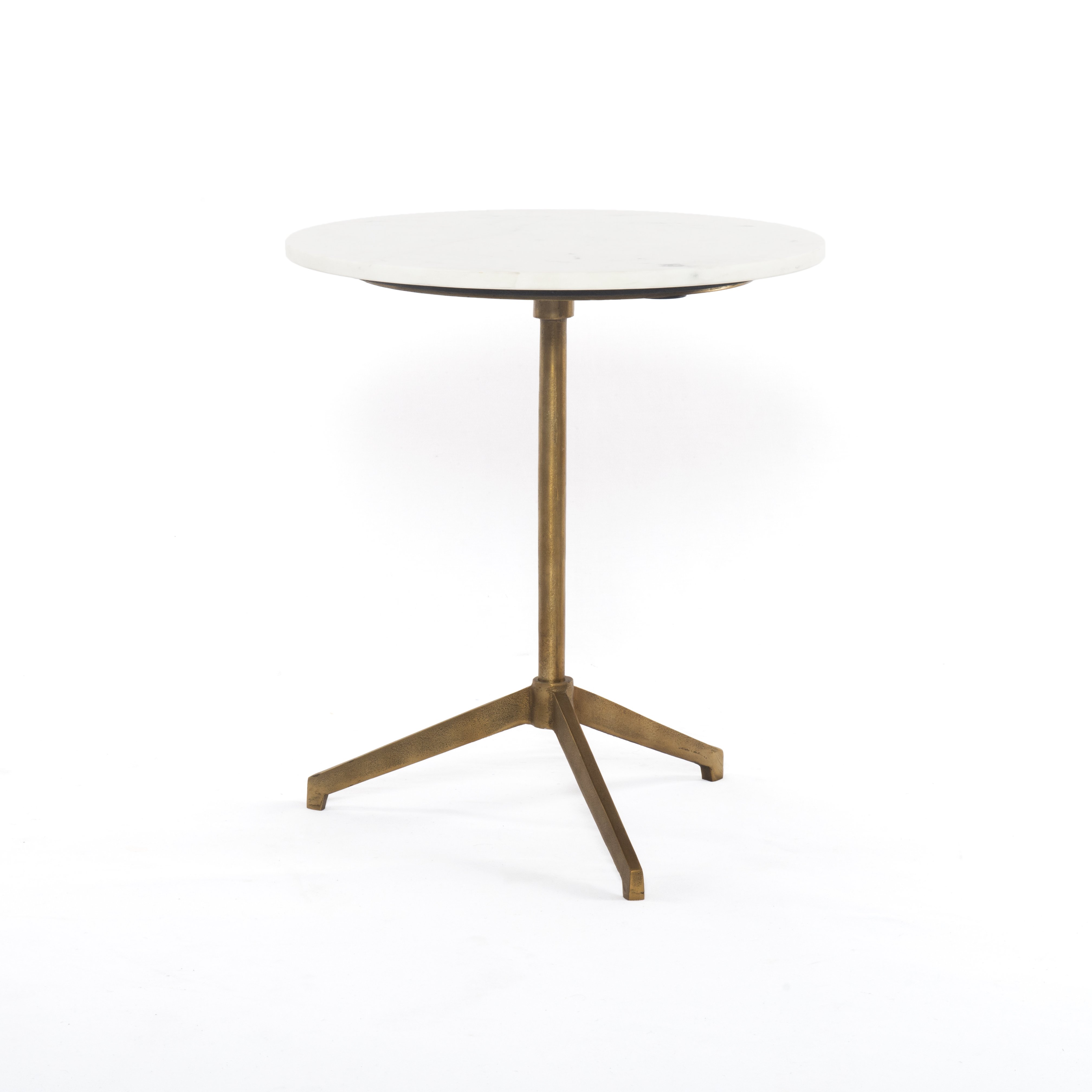 modern pedestal end table with antique brass base and white marble top