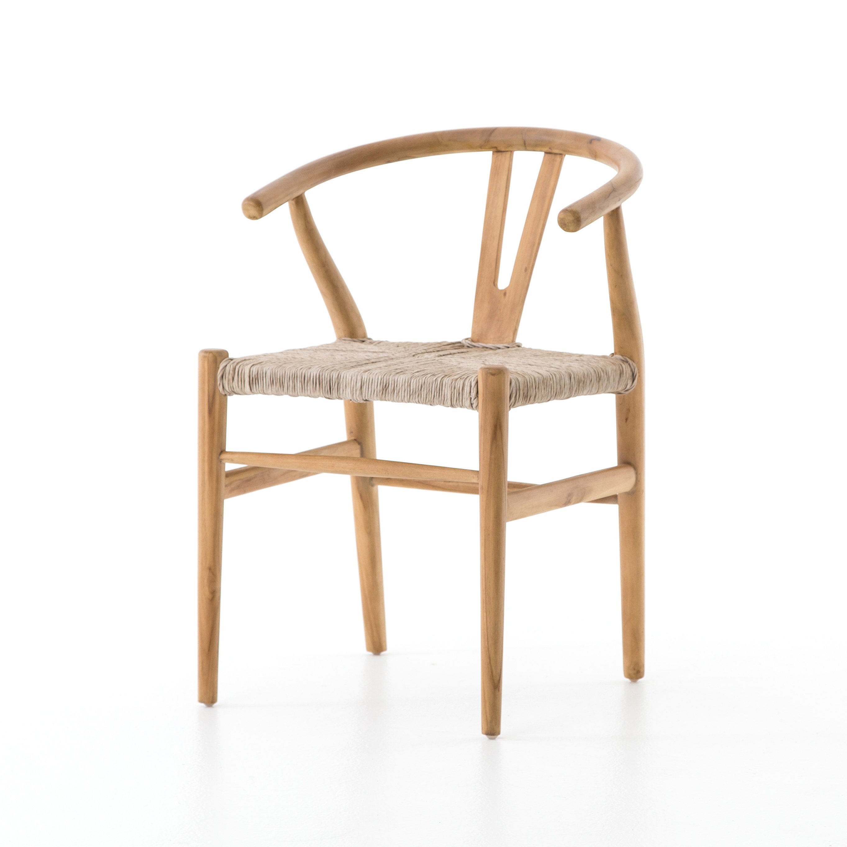 natural teak with matte finish dining chair  with curved back and woven seagrass seat