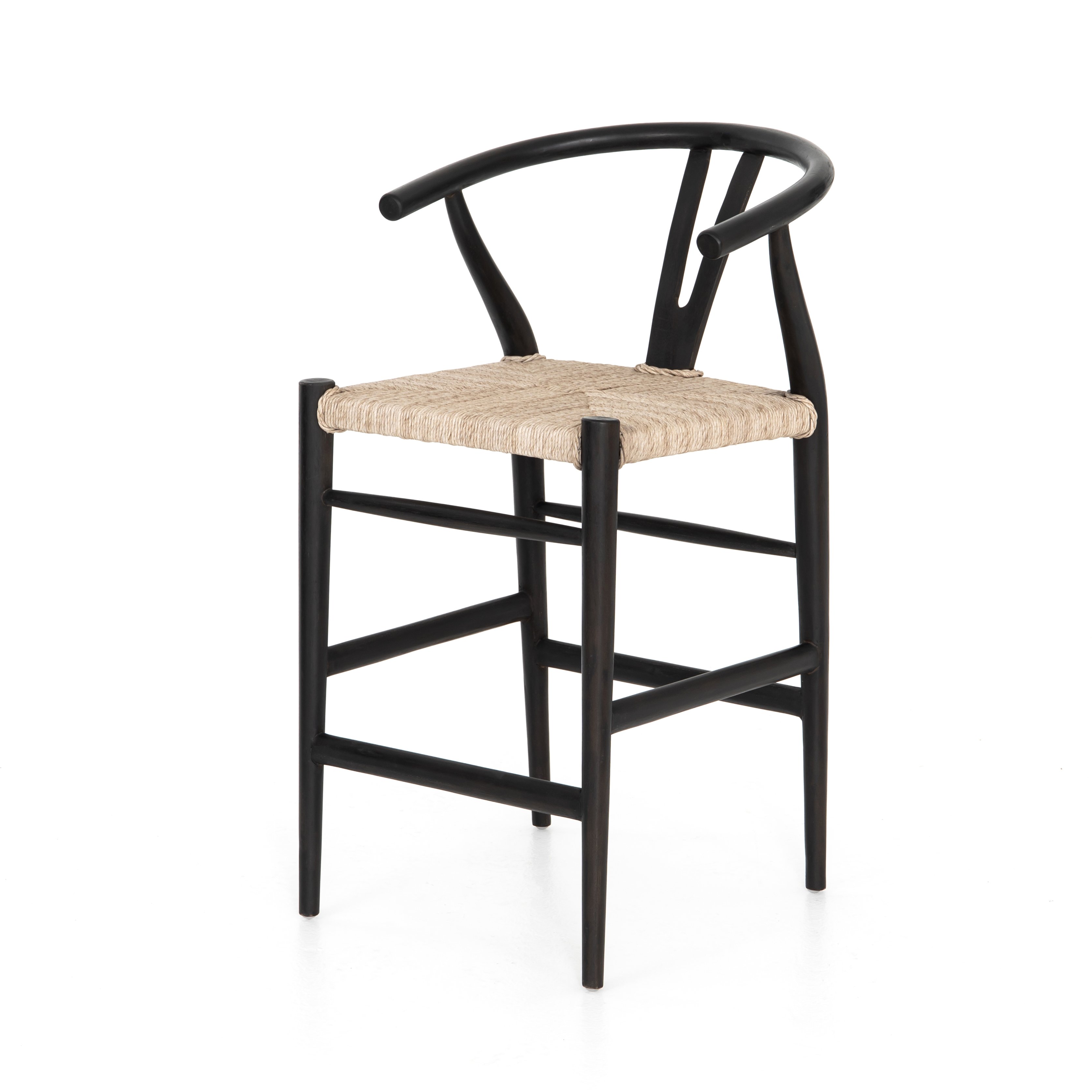 black wooden counter stool with curved back and woven seagrass seat