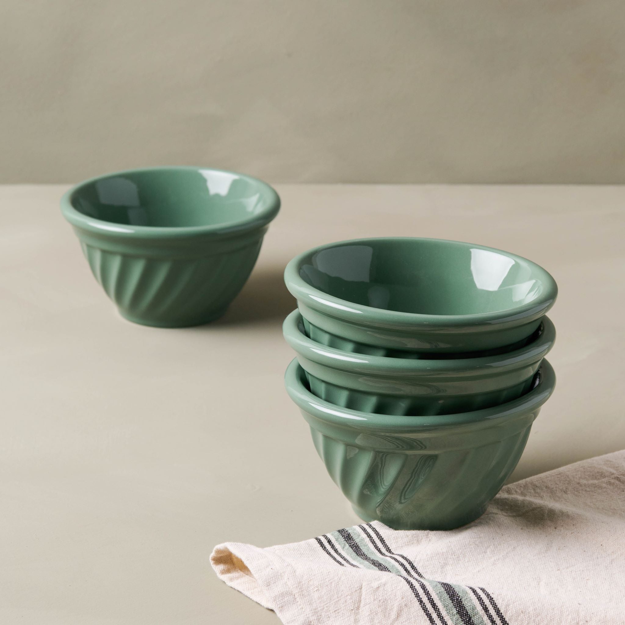 Four Piece Mixing Bowl Set in Gloss Green Glaze glaze by Bowen Pottery