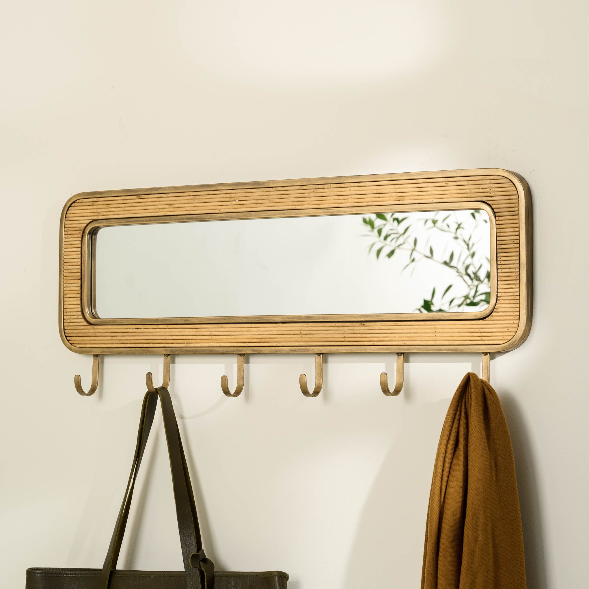 Antique Brass and Bamboo Mirror with Hooks - Magnolia