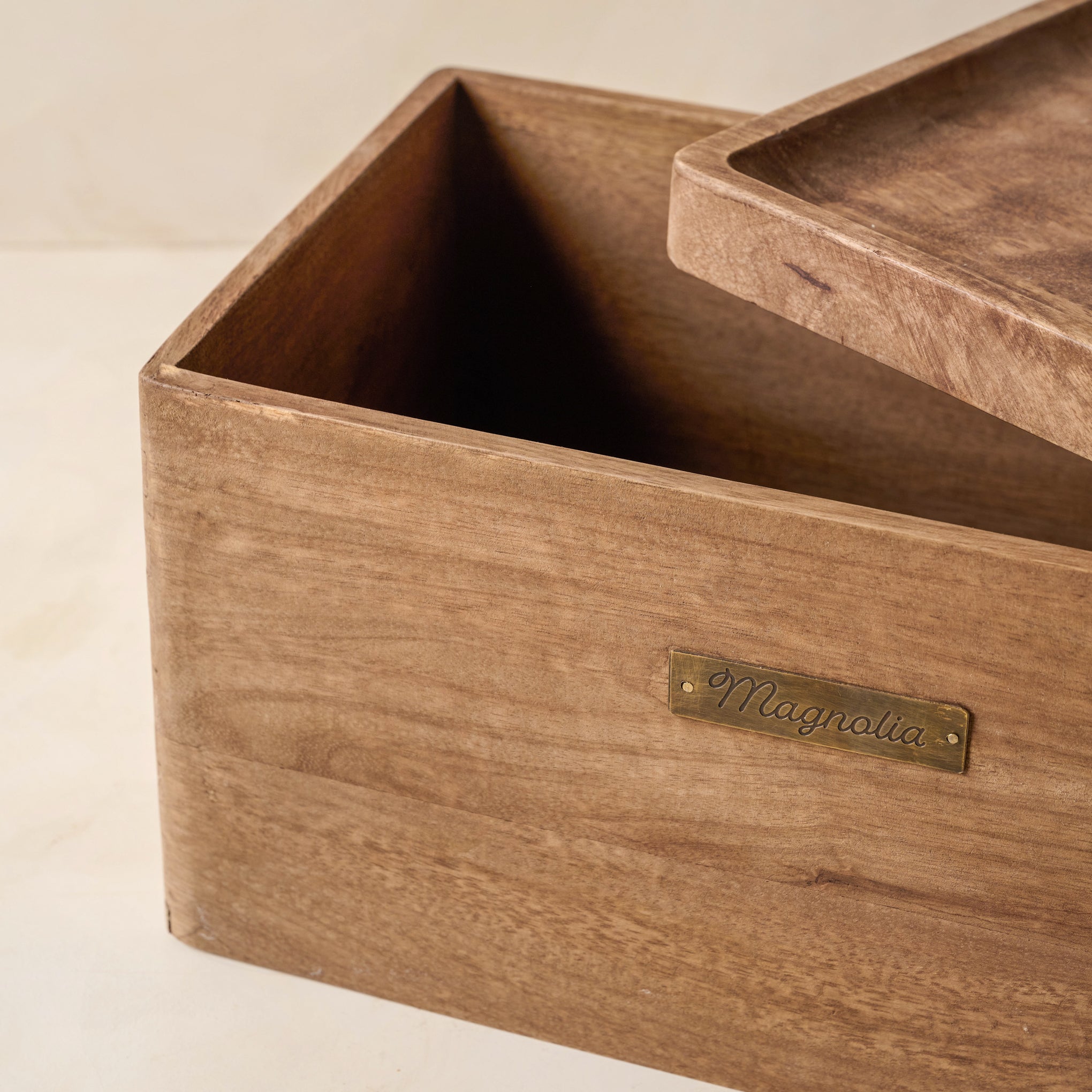 Magnolia Antiqued Wood Storage Box with top ajar