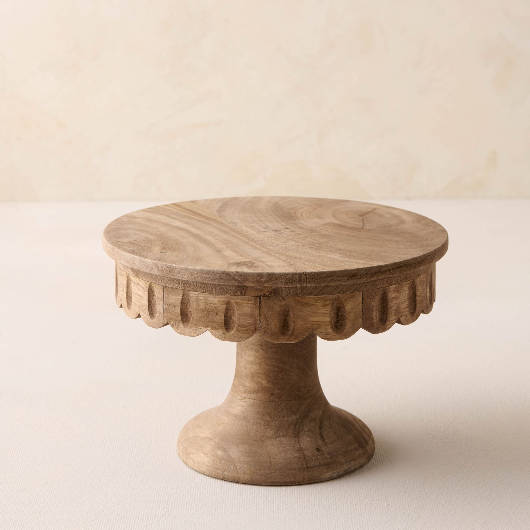 magnolia antiqued wood scalloped cake stand