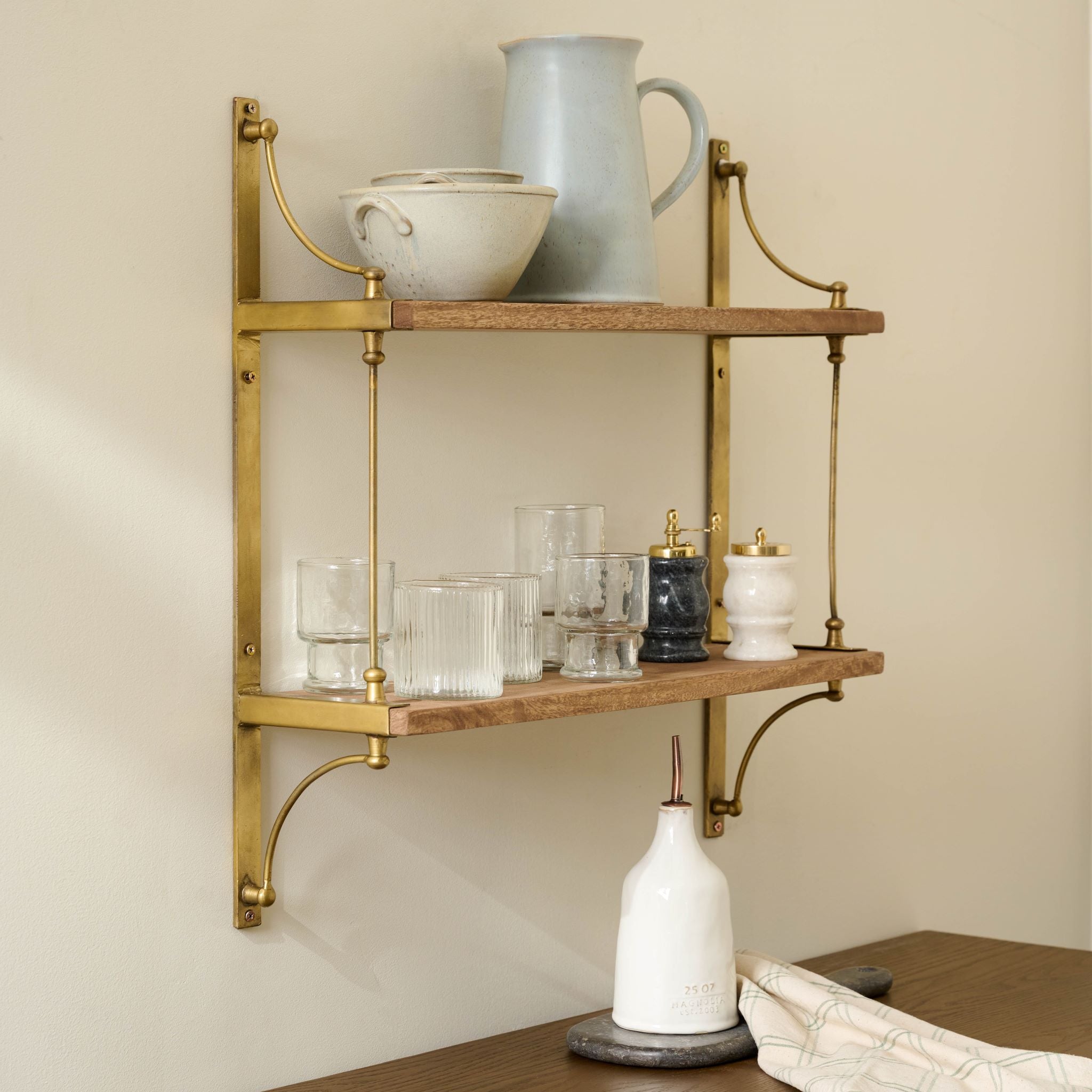 Parker Brass and Wood Shelf - Magnolia  Brass kitchen hardware, Brass  shelving, Wood shelves