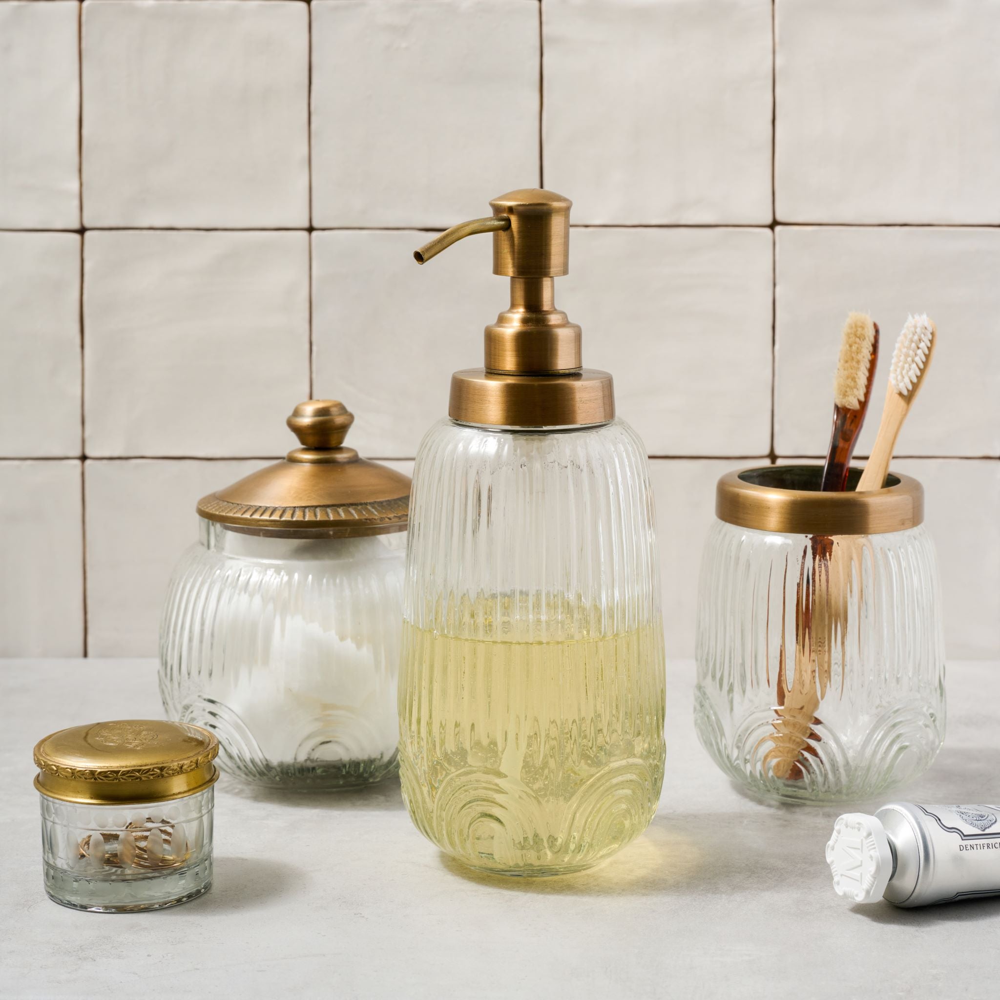 Etched Glass and Brass Soap Dispenser - Magnolia