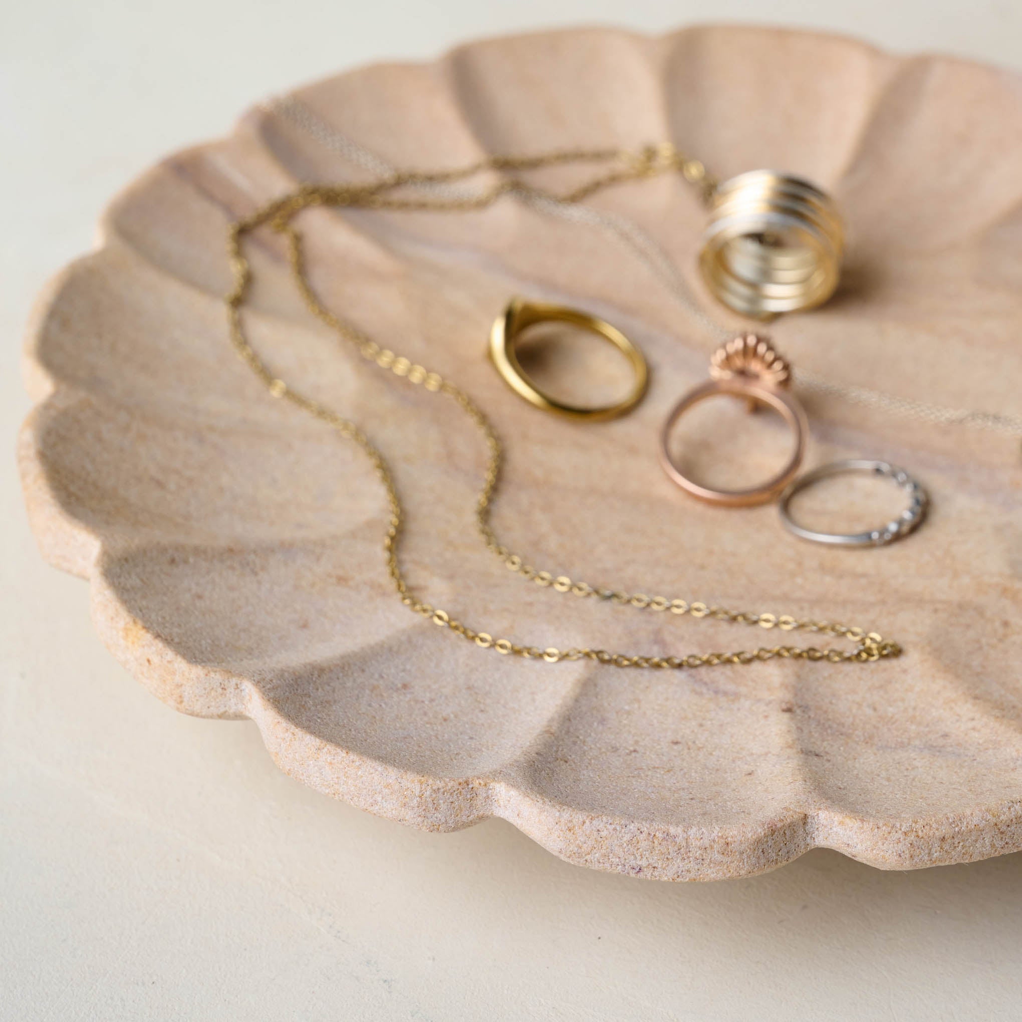 Sandstone Scalloped Trinket Dish with jewelry 