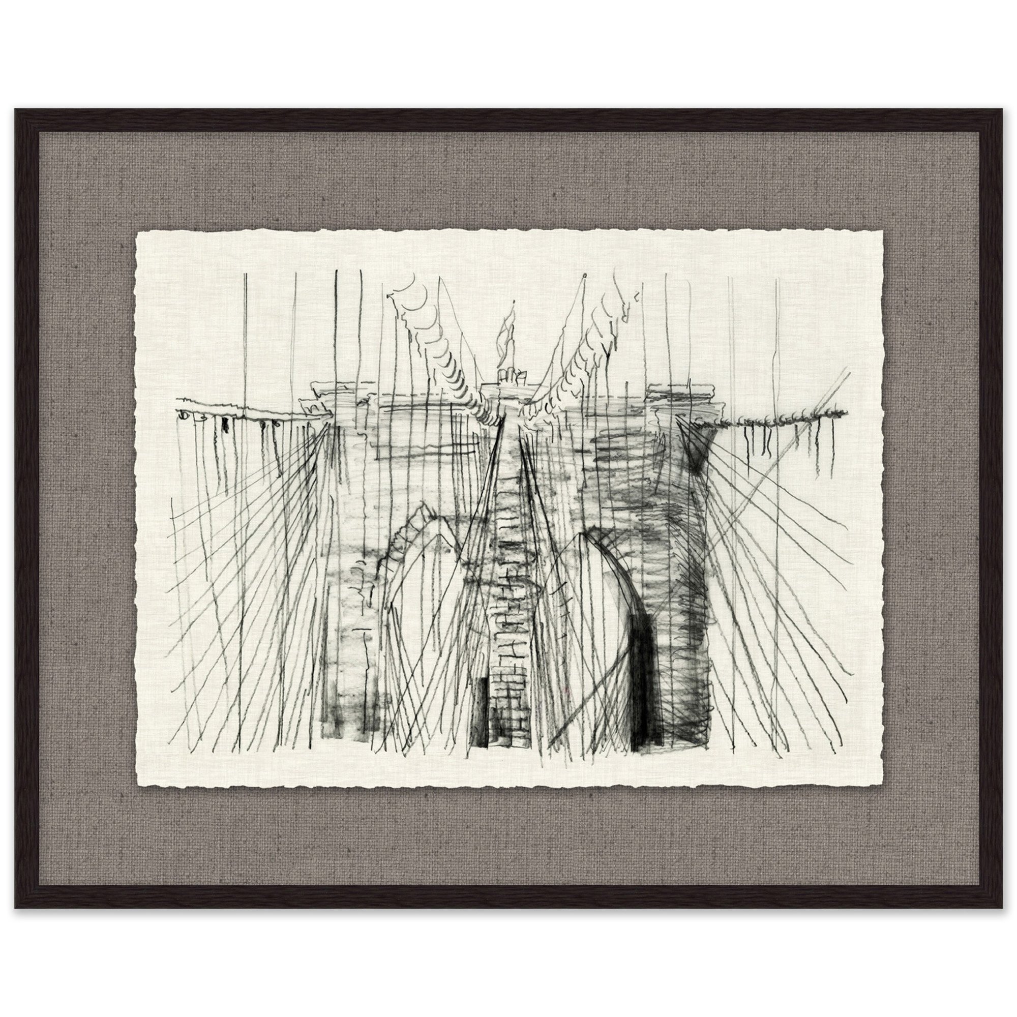 framed architectural sketch of a suspension bridge with black frame and grey mat