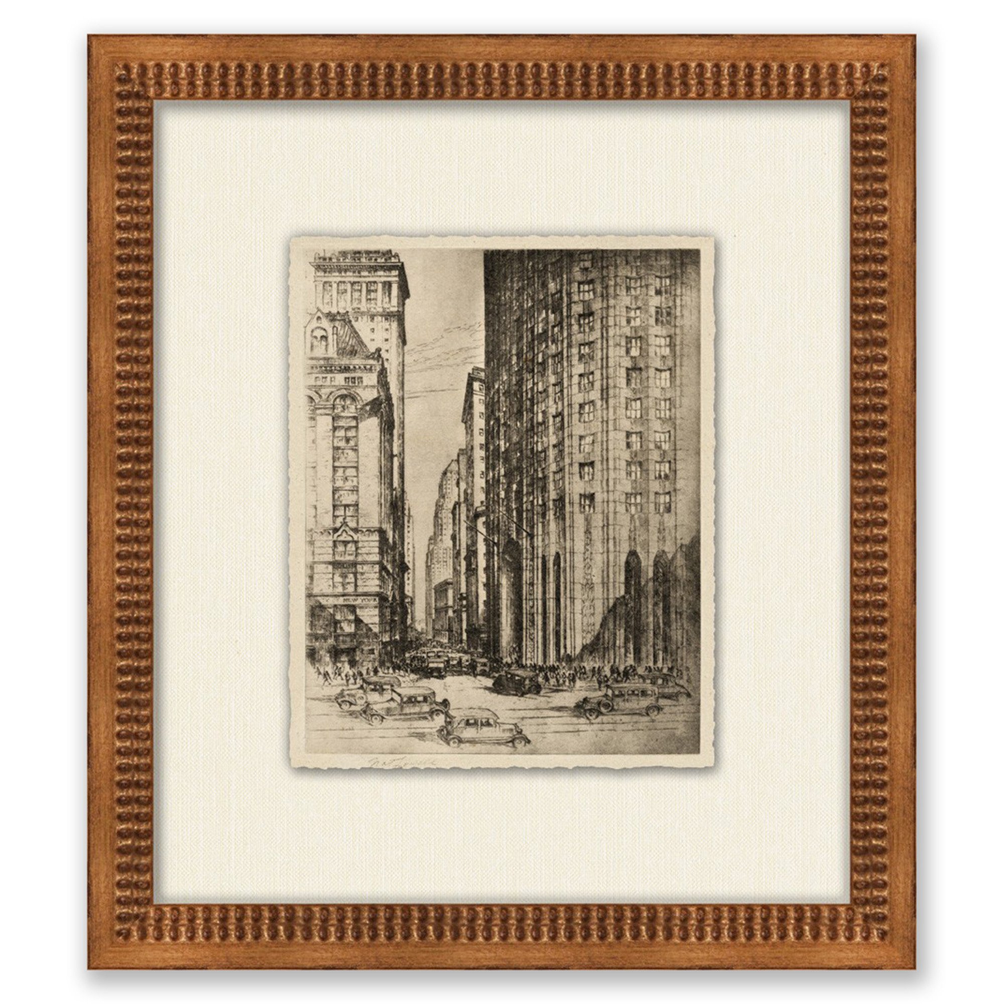 sketch of manhattan in wooden frame with textured cream mat