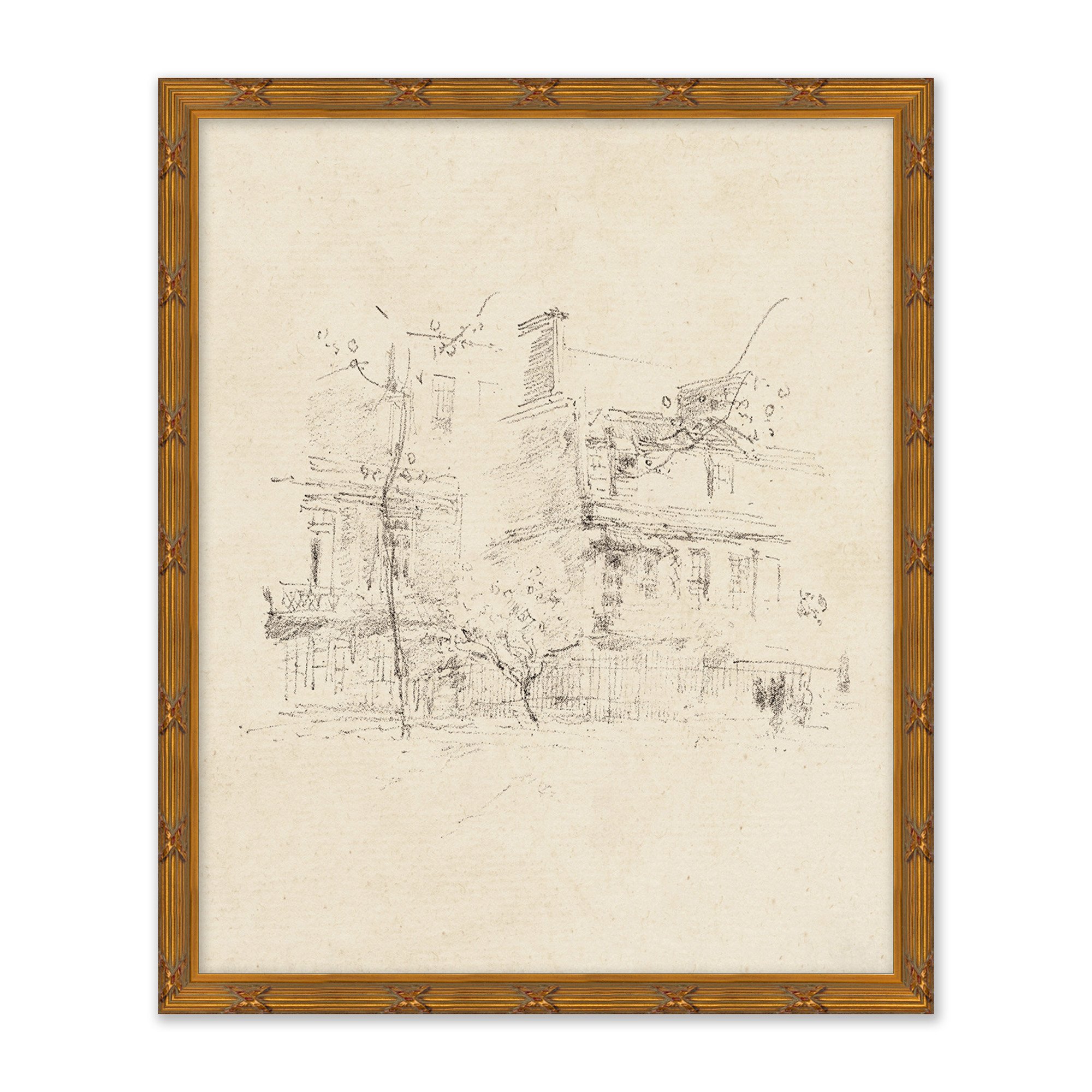 framed distressed sketch of old houses in gold frame