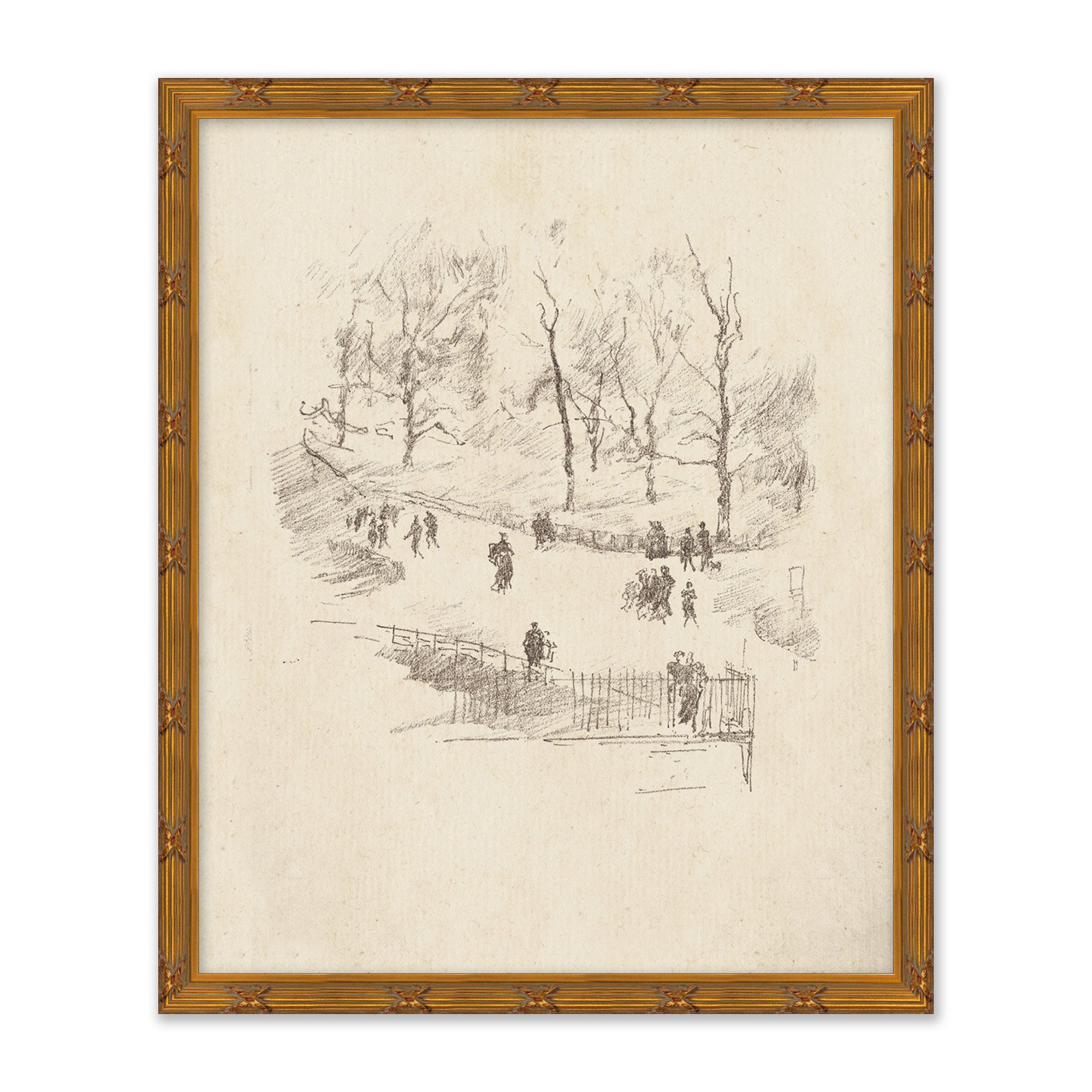 wall art sketch of people in a city park framed in a traditional golden frame