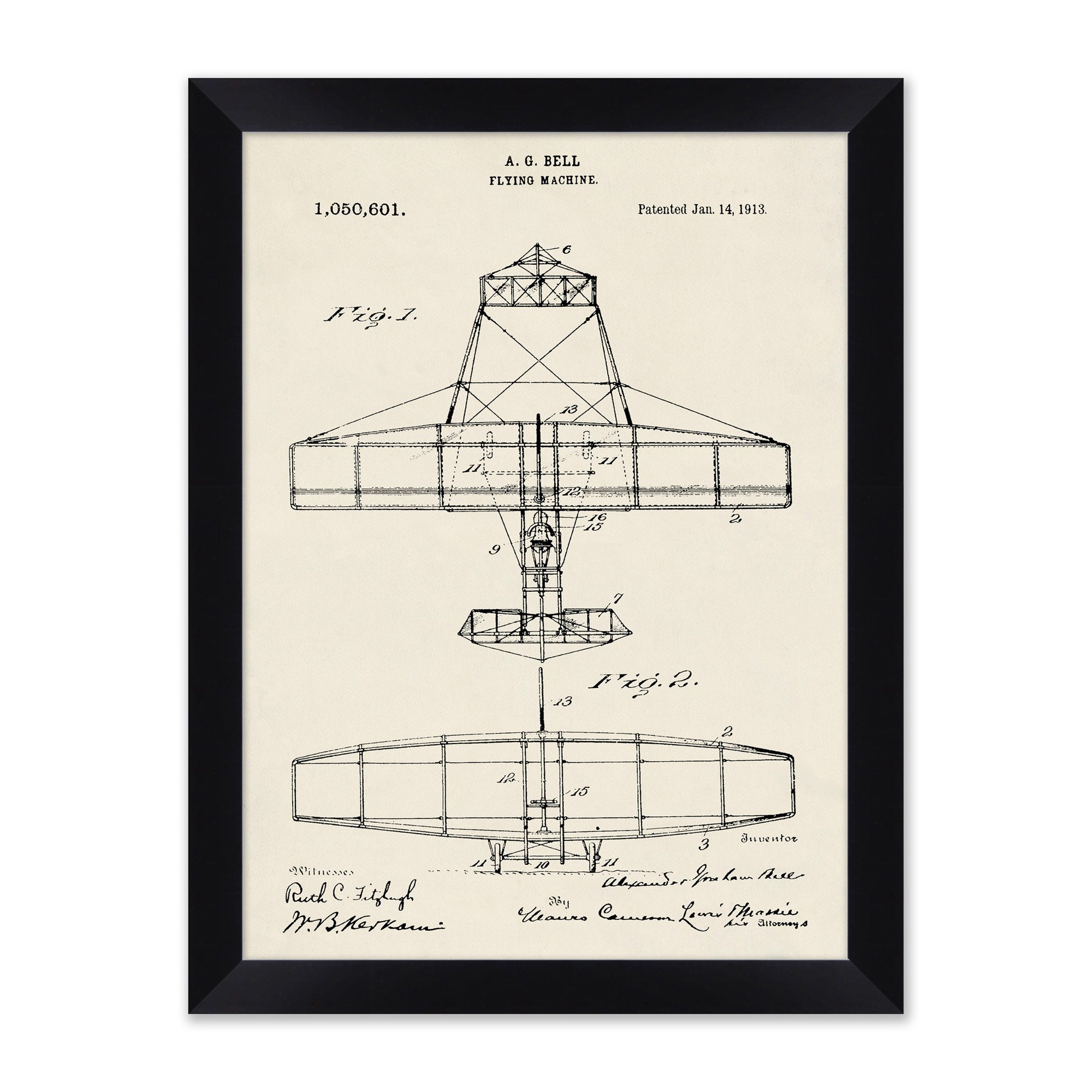sketched diagram of an old airplane in a black frame