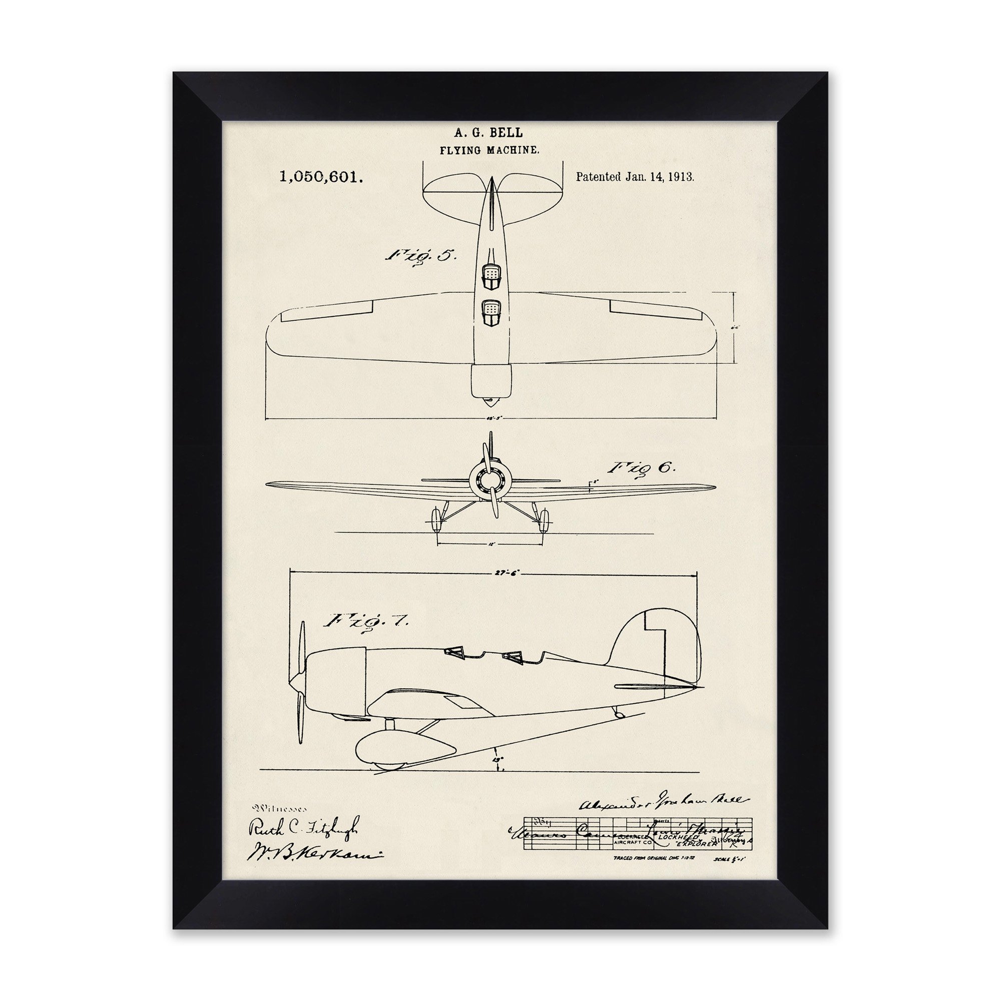 sketched diagram of an old airplane in a black frame