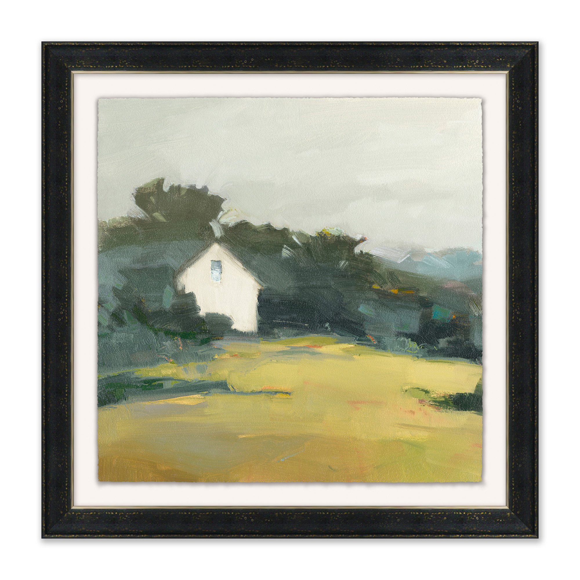 landscape painting of house on the edge of a forest in black wooden frame with white mat $288.00