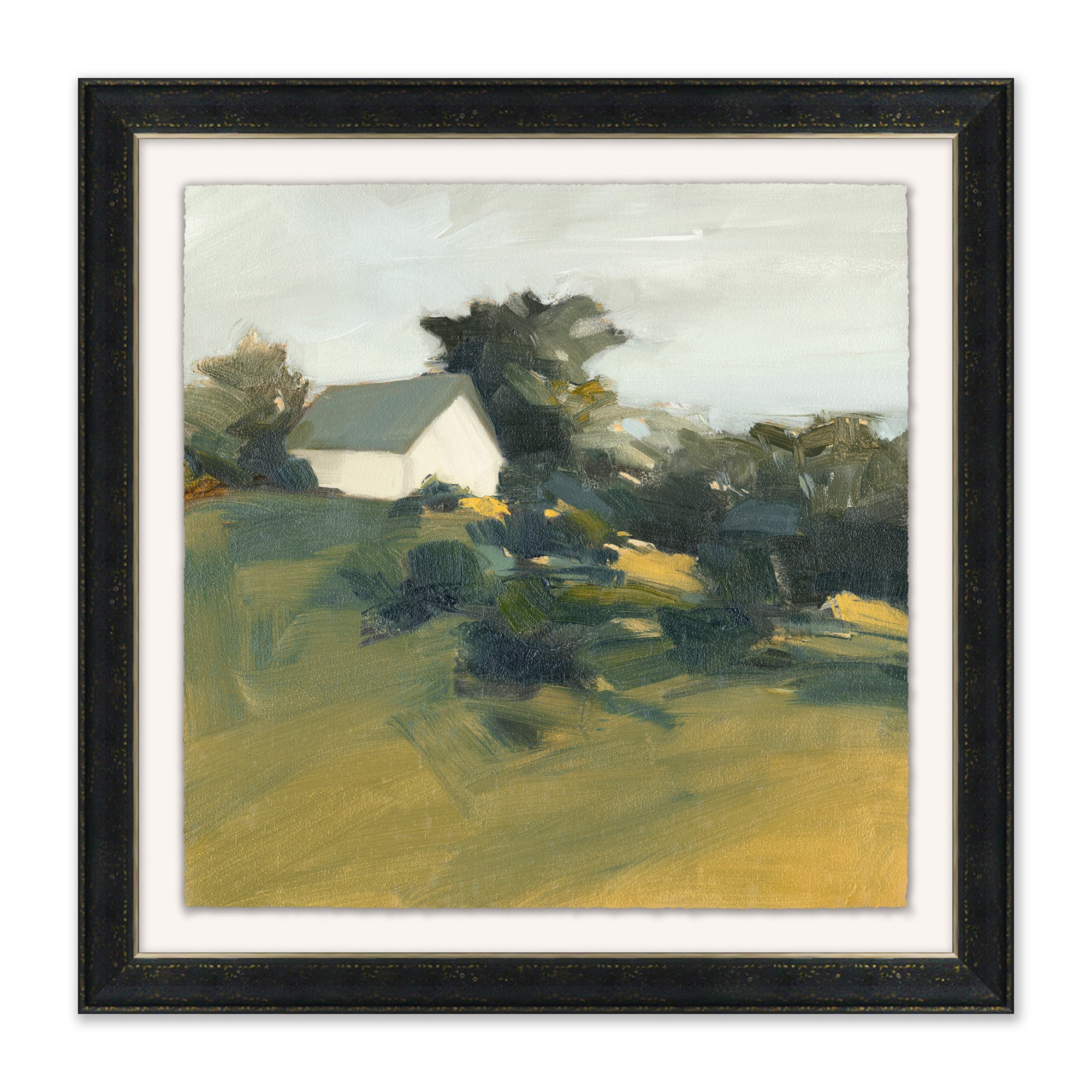 landscape painting of house on the edge of a forest in black wooden frame with white mat