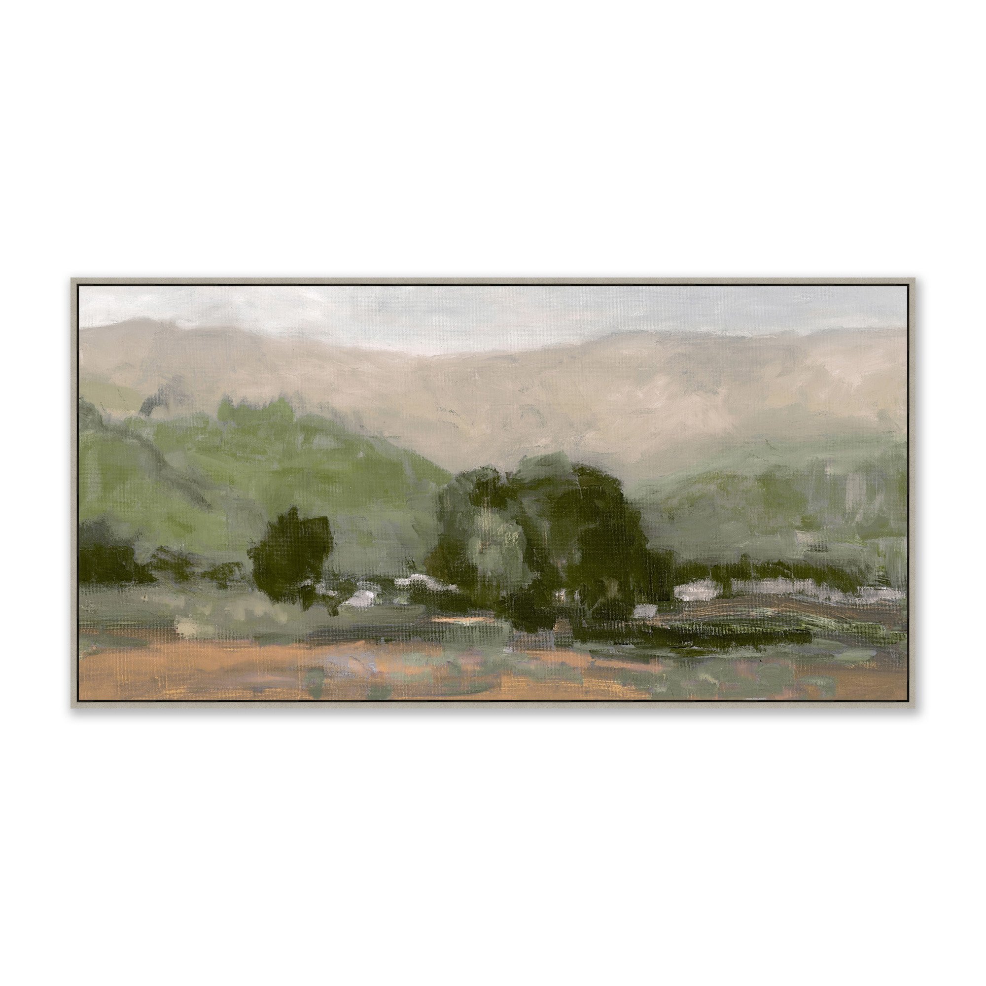 framed wall art of a mountain valley landscape in a grey frame