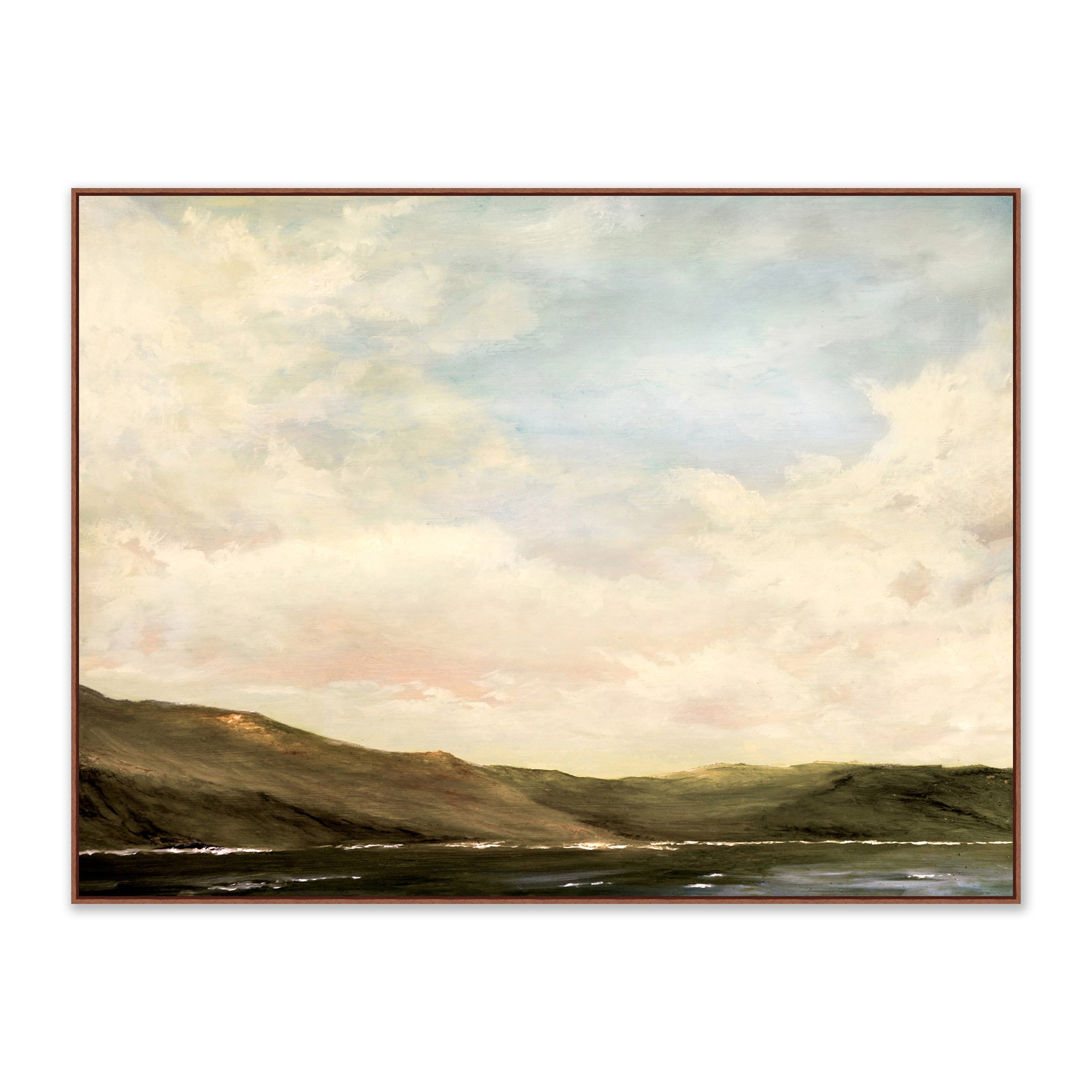 framed art painting of hillside next to a lake at dusk in wooden frame