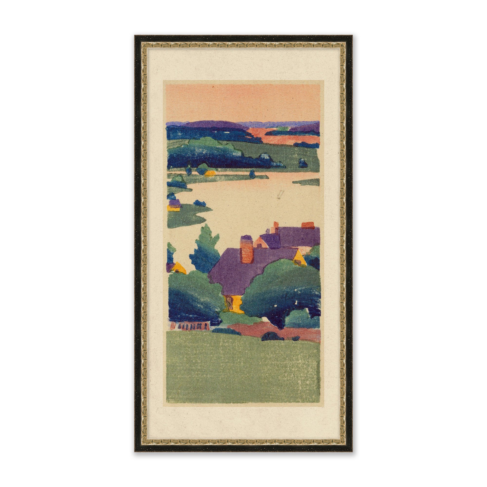 framed painting of a colorful valley village next to a lake