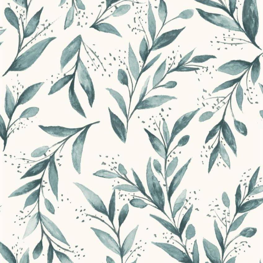 teal olive branch pattern on white wallpaper