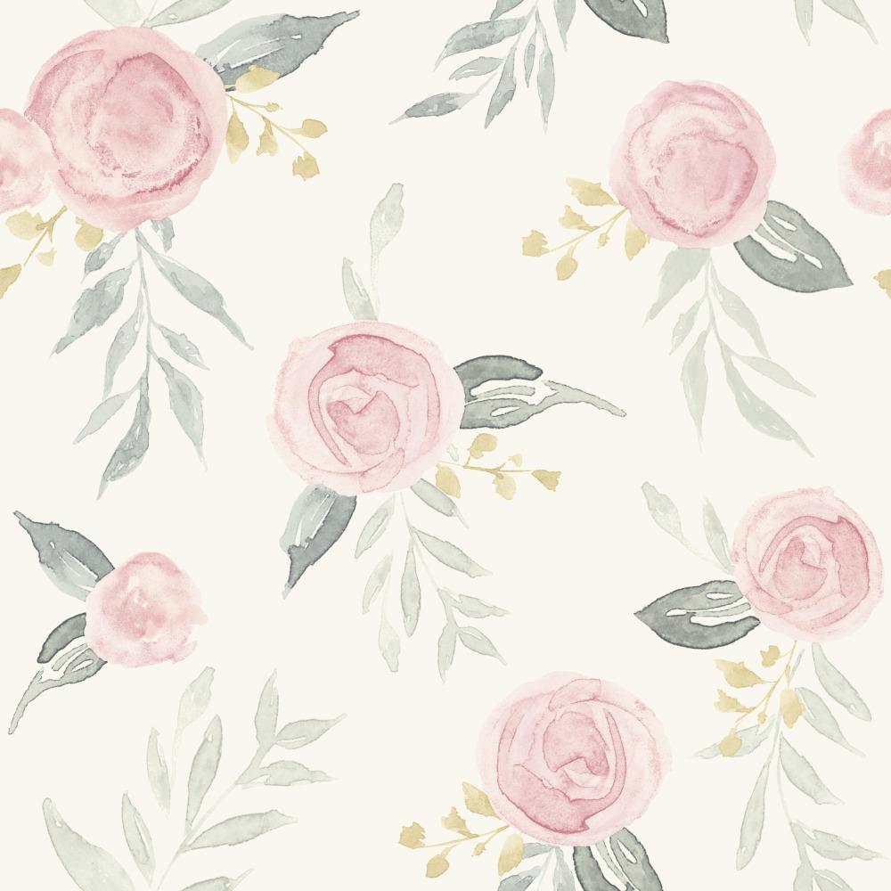 red-pink watercolor rose pattern on white wallpaper