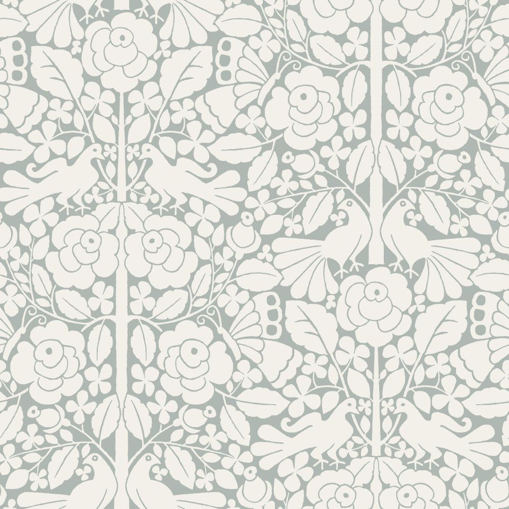 grey and white floral and bird pattern wallpaper