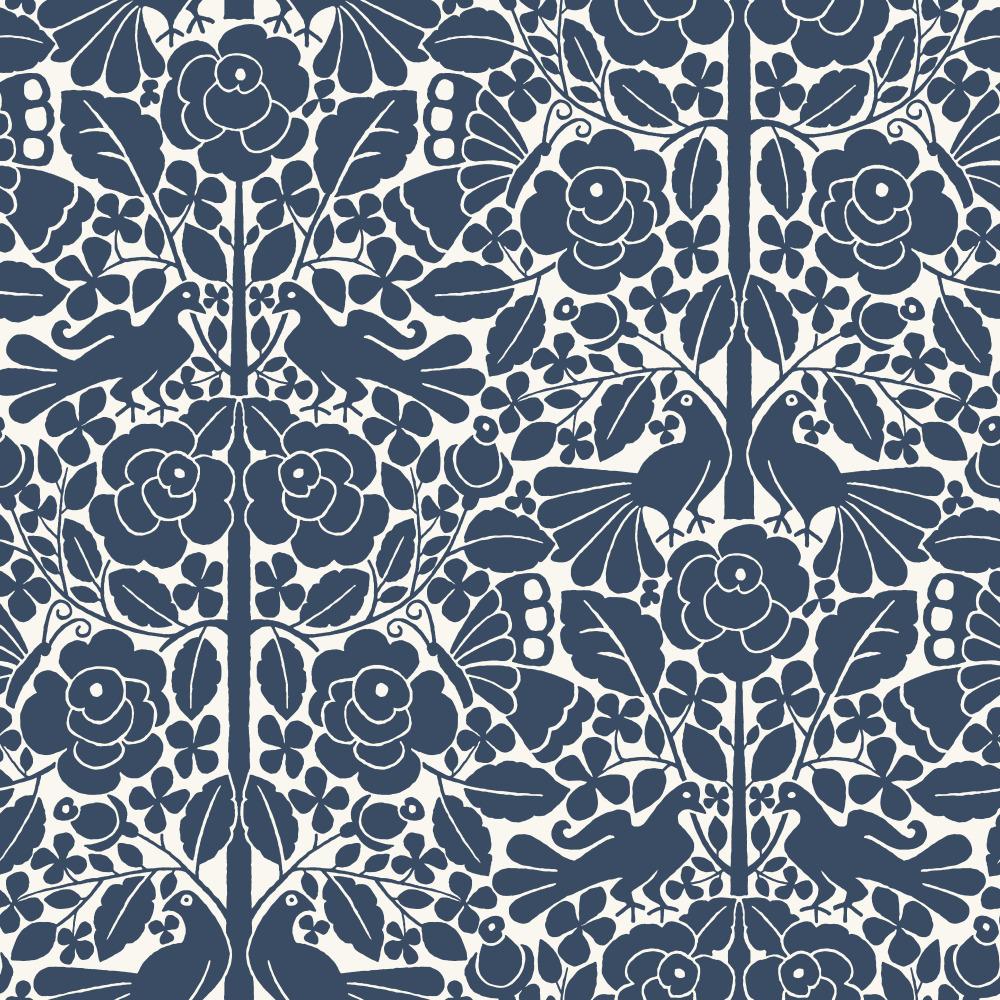 navy and white floral and bird pattern wallpaper $130.00