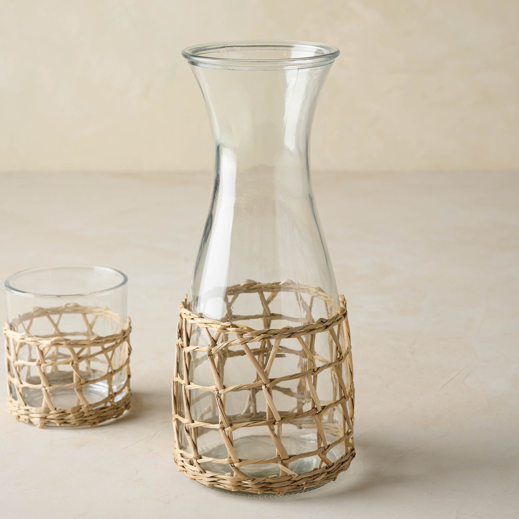 Wicker and Glass Juice Pitcher and Glass Set