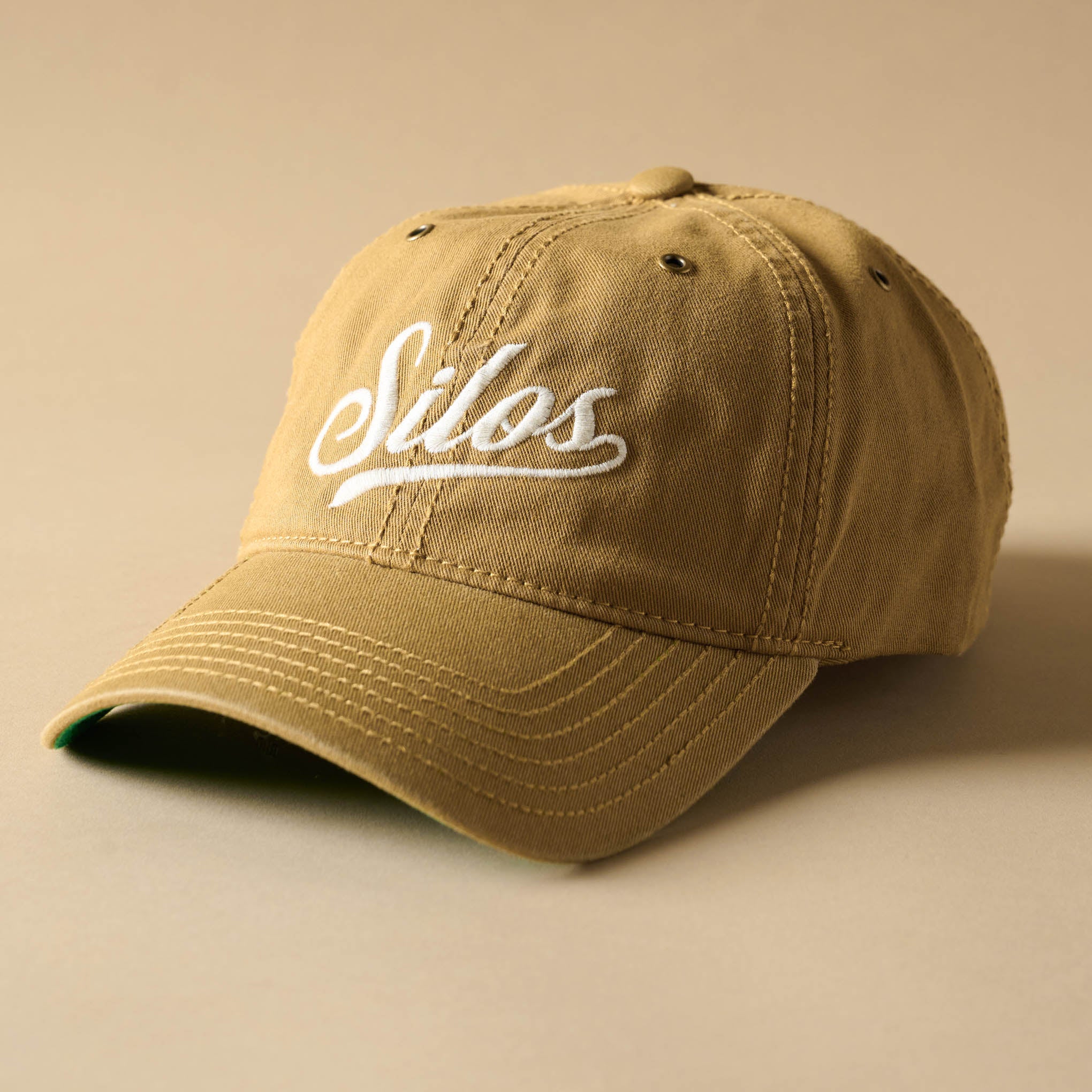Silos Distressed Baseball Hat - front of hat reads silos in script