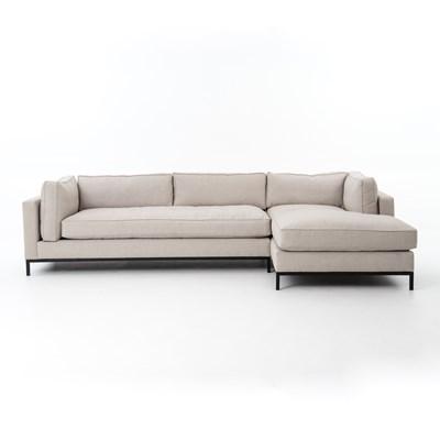 modern greige fabric sectional with right chaise with black metal base