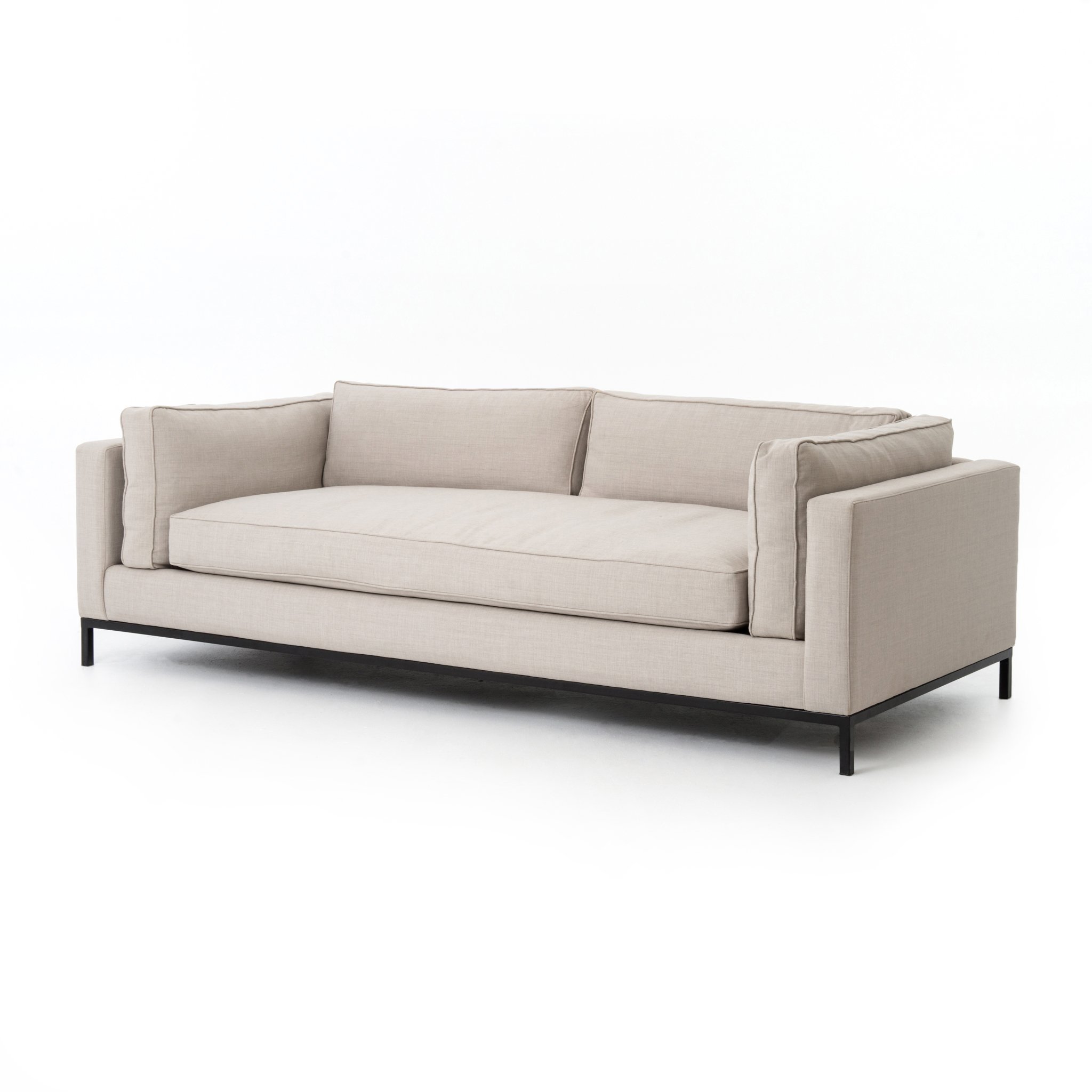 modern greige fabric sofa with black metal base Items range from $2199.00 to $2599.00