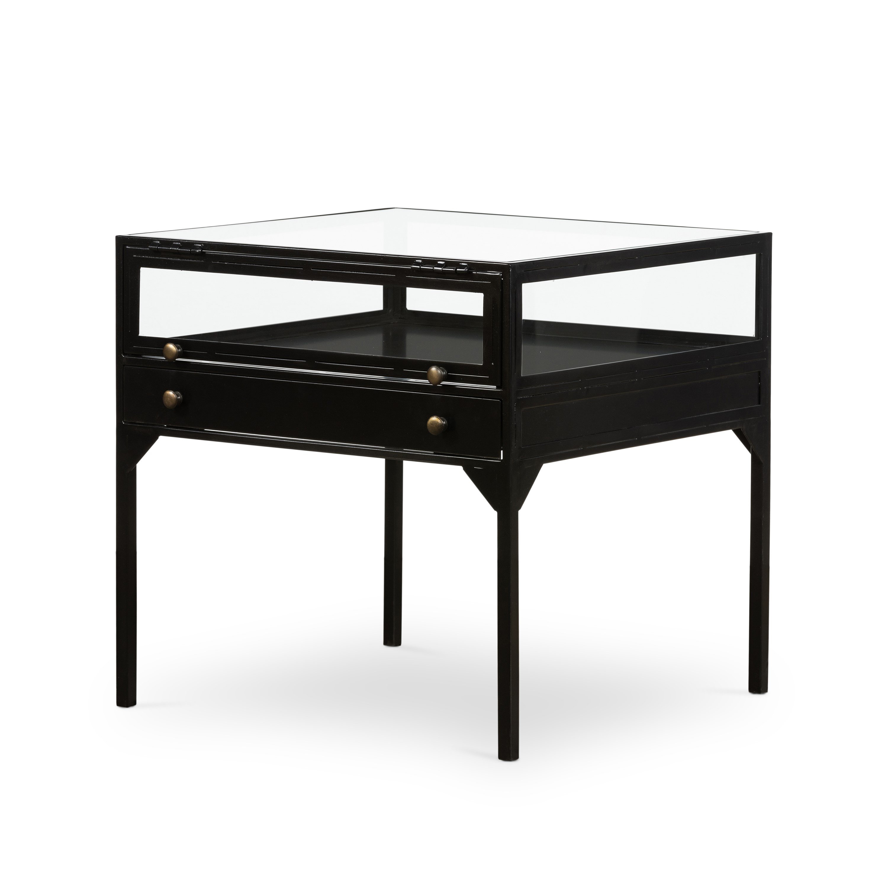 black metal end table with glass shadow box top and small drawer with brass hardware $749.00