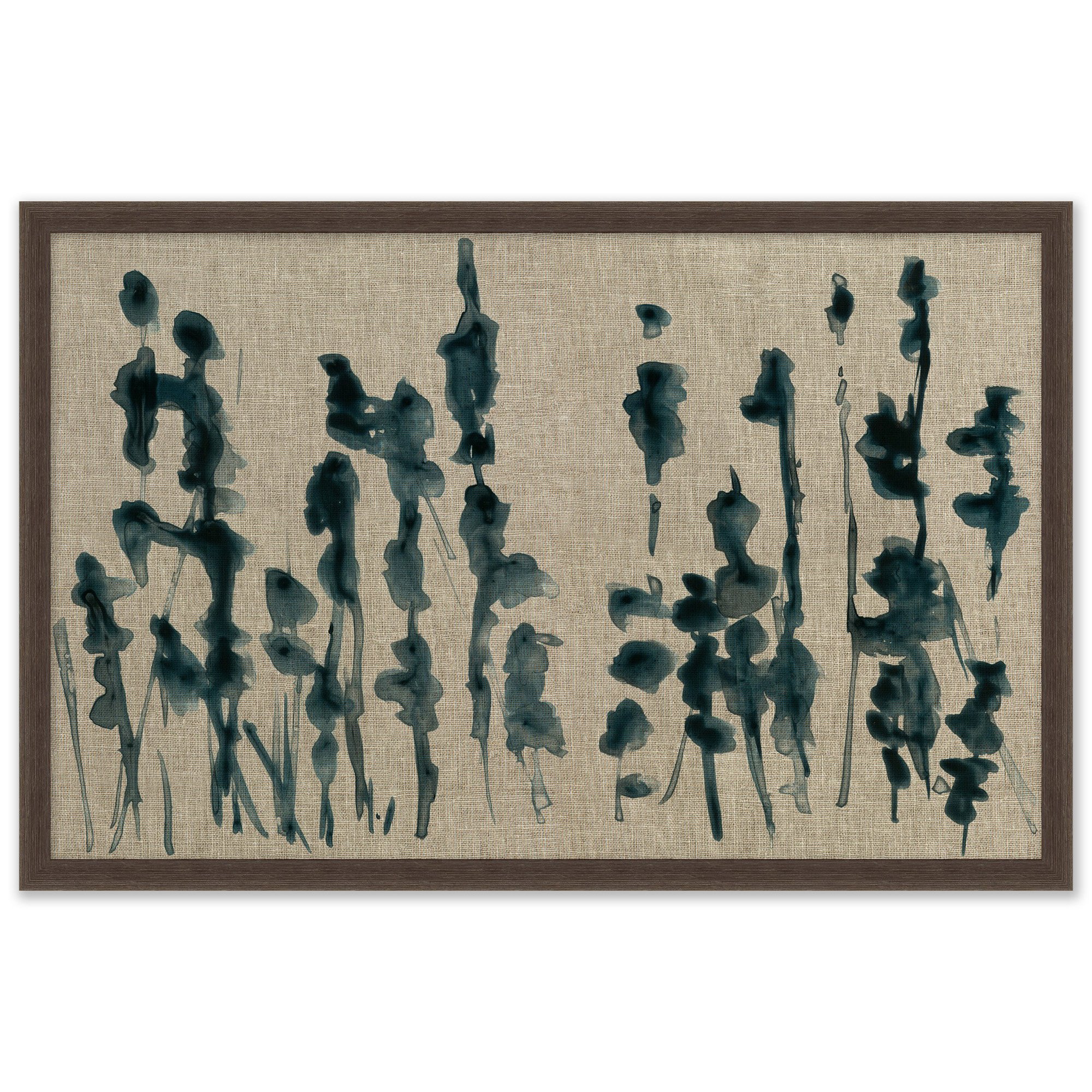 abstract painting of plant reeds on fabric in wooden frame $268.00