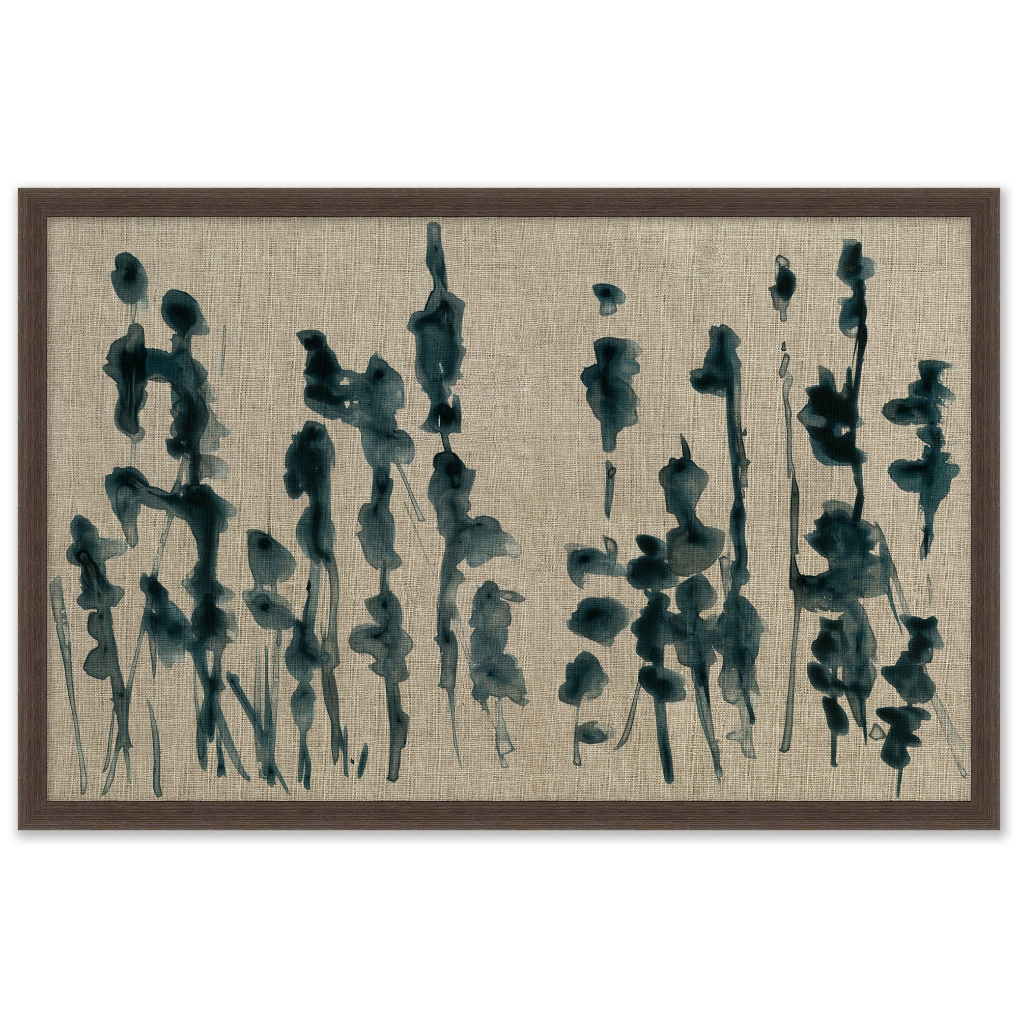 abstract painting of plant reeds on fabric in wooden frame