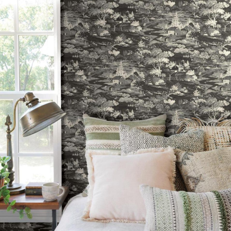 Fox And Hare Black White Floral Wallpaper