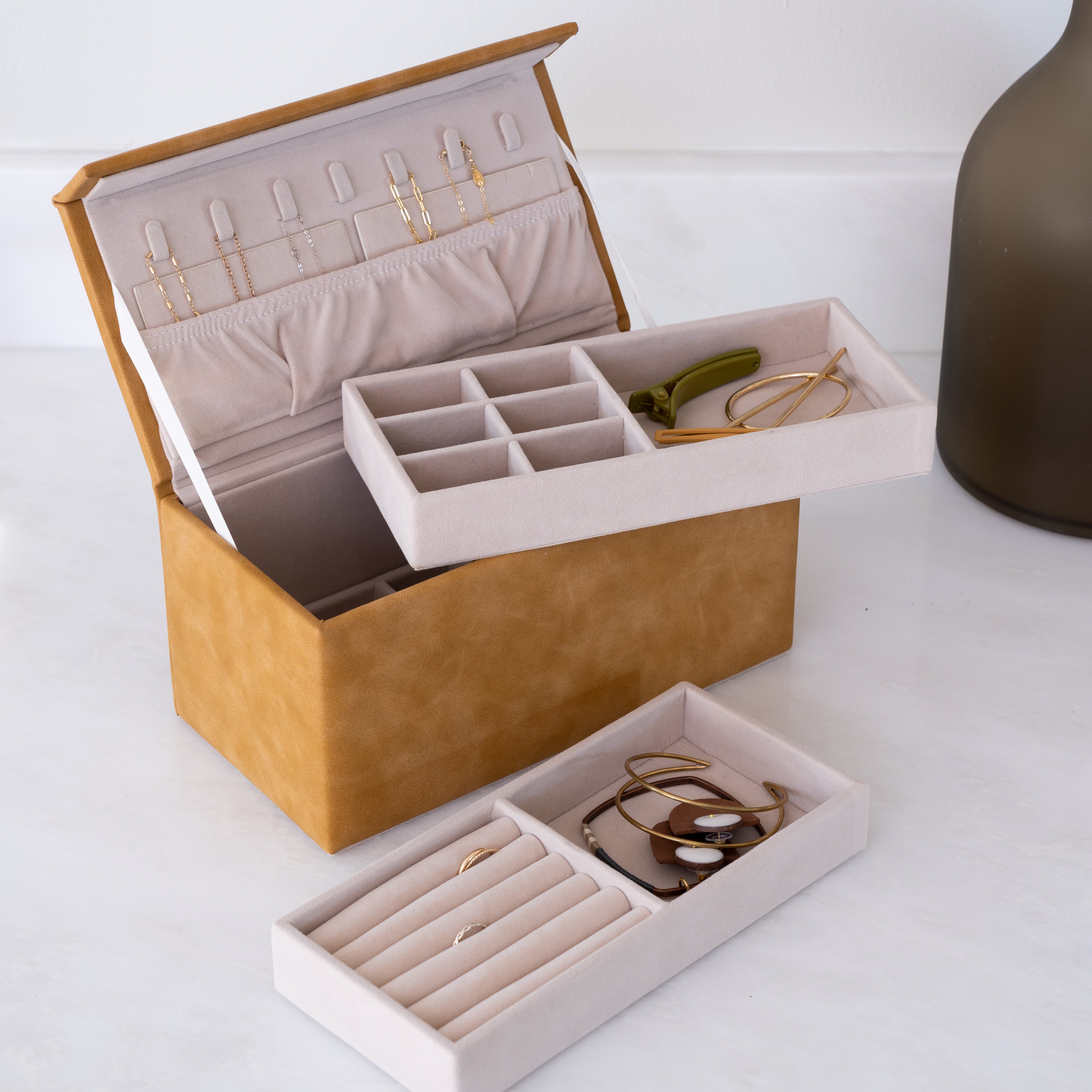 magnolia leather jewelry box with removable trays $120.00